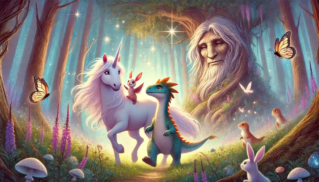 Harmony the unicorn and Roar the dinosaur journey through a magical forest with their pet companions, a glowing rabbit and a playful lizard. They approach Elder Willow, a wise tree spirit, who watches over them with a kind, knowing gaze.