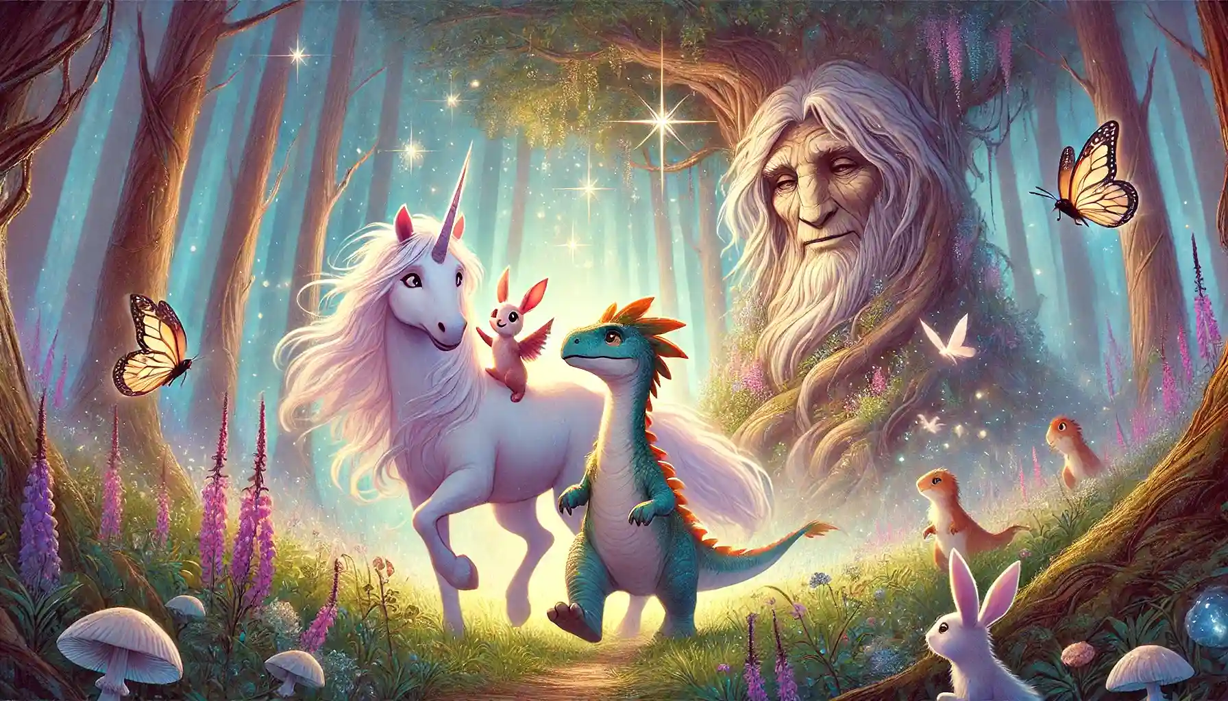 Harmony the unicorn and Roar the dinosaur journey through a magical forest with their pet companions, a glowing rabbit and a playful lizard. They approach Elder Willow, a wise tree spirit, who watches over them with a kind, knowing gaze.