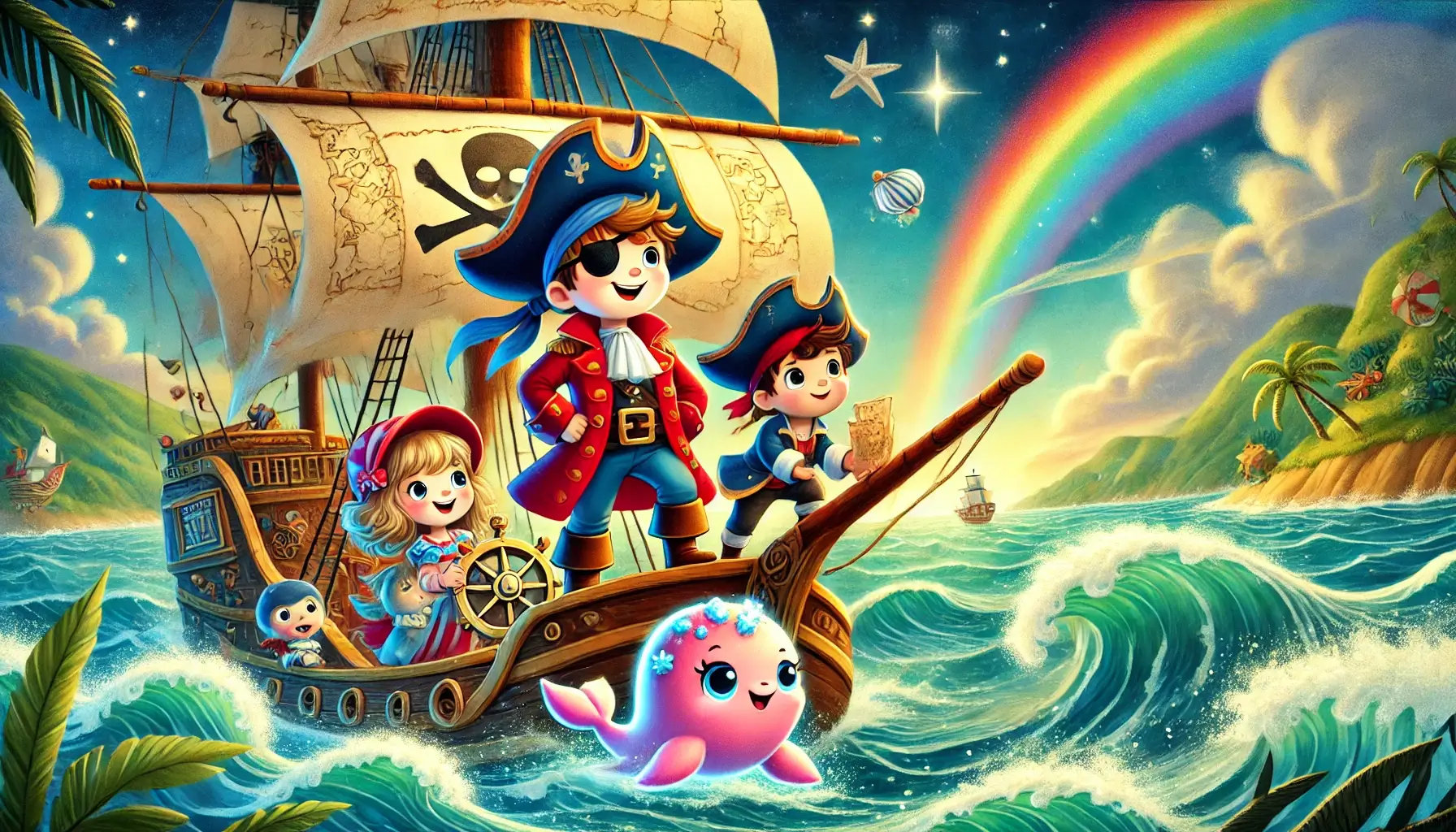 A colorful scene featuring Captain Blaze, wearing a red coat, standing confidently on the deck of the pirate ship, Sea Whisper. Rosa, the navigator, holds an old treasure map while Lance steers the ship through crashing waves. Pearl, a playful sea creature with a sparkling tail, swims alongside the ship. In the distance, the Island of Glimmer shines with a hidden treasure chest, under a stormy sky. Bright colors and a whimsical, adventurous feel bring the image to life.