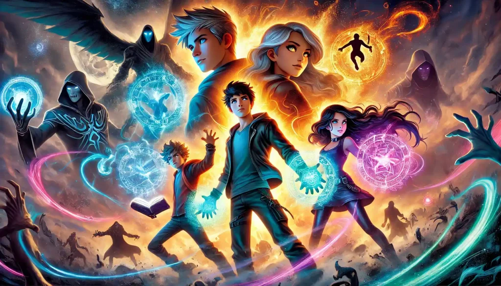 A heroic scene of young heroes Aiden, Nova, Zara, and Leo standing together, surrounded by swirling magic. Aiden hovers in the air using his flight powers, while Nova casts a glowing spell from her spellbook. Zara, with partial invisibility, is barely visible, and Leo stands strong, ready to protect. In the background, dark, shadowy figures of The Dark Shadows loom menacingly, creating a magical and adventurous atmosphere. Bright magic and energy swirl around them in a child-friendly, action-packed style.