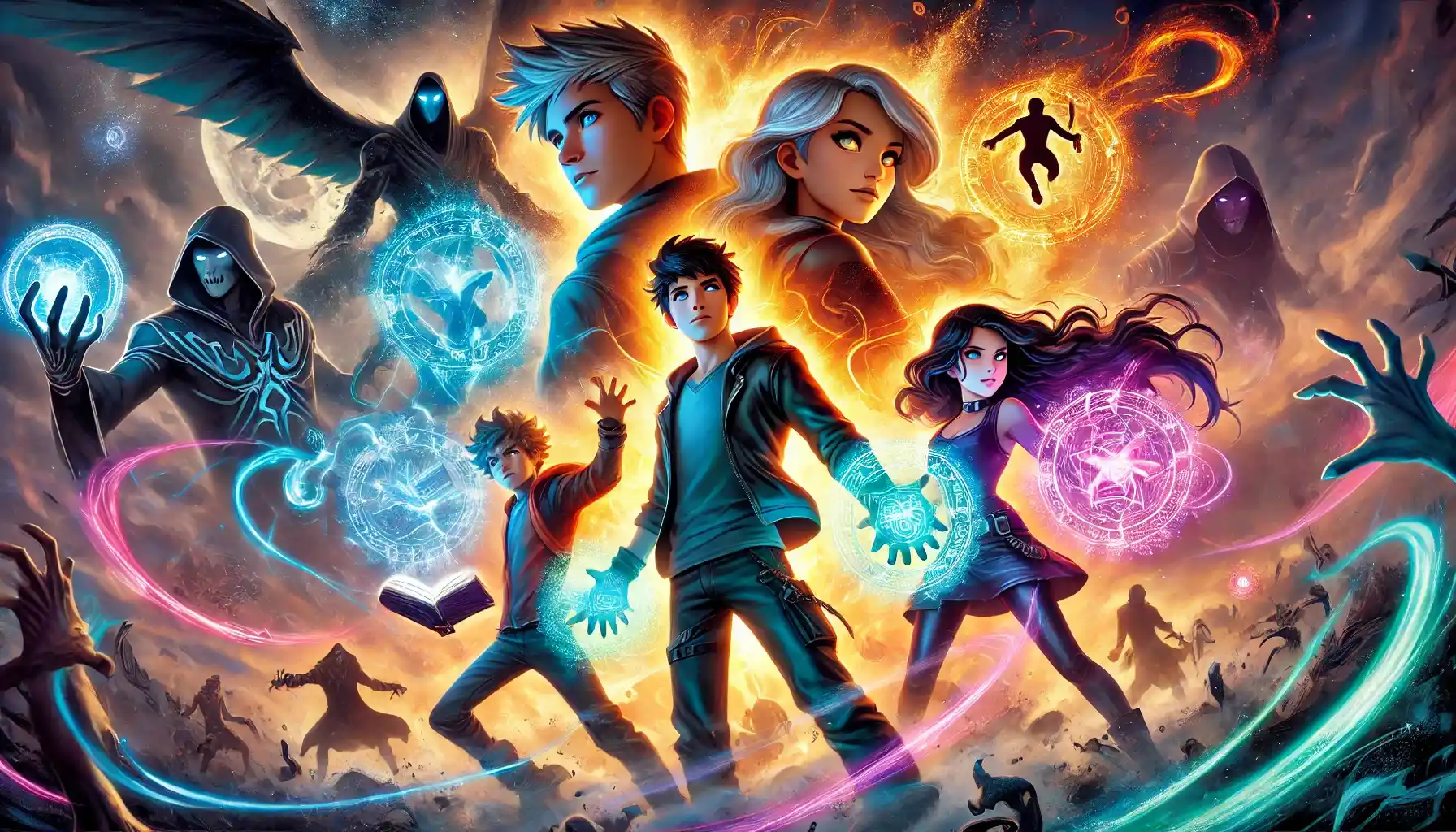 A heroic scene of young heroes Aiden, Nova, Zara, and Leo standing together, surrounded by swirling magic. Aiden hovers in the air using his flight powers, while Nova casts a glowing spell from her spellbook. Zara, with partial invisibility, is barely visible, and Leo stands strong, ready to protect. In the background, dark, shadowy figures of The Dark Shadows loom menacingly, creating a magical and adventurous atmosphere. Bright magic and energy swirl around them in a child-friendly, action-packed style.