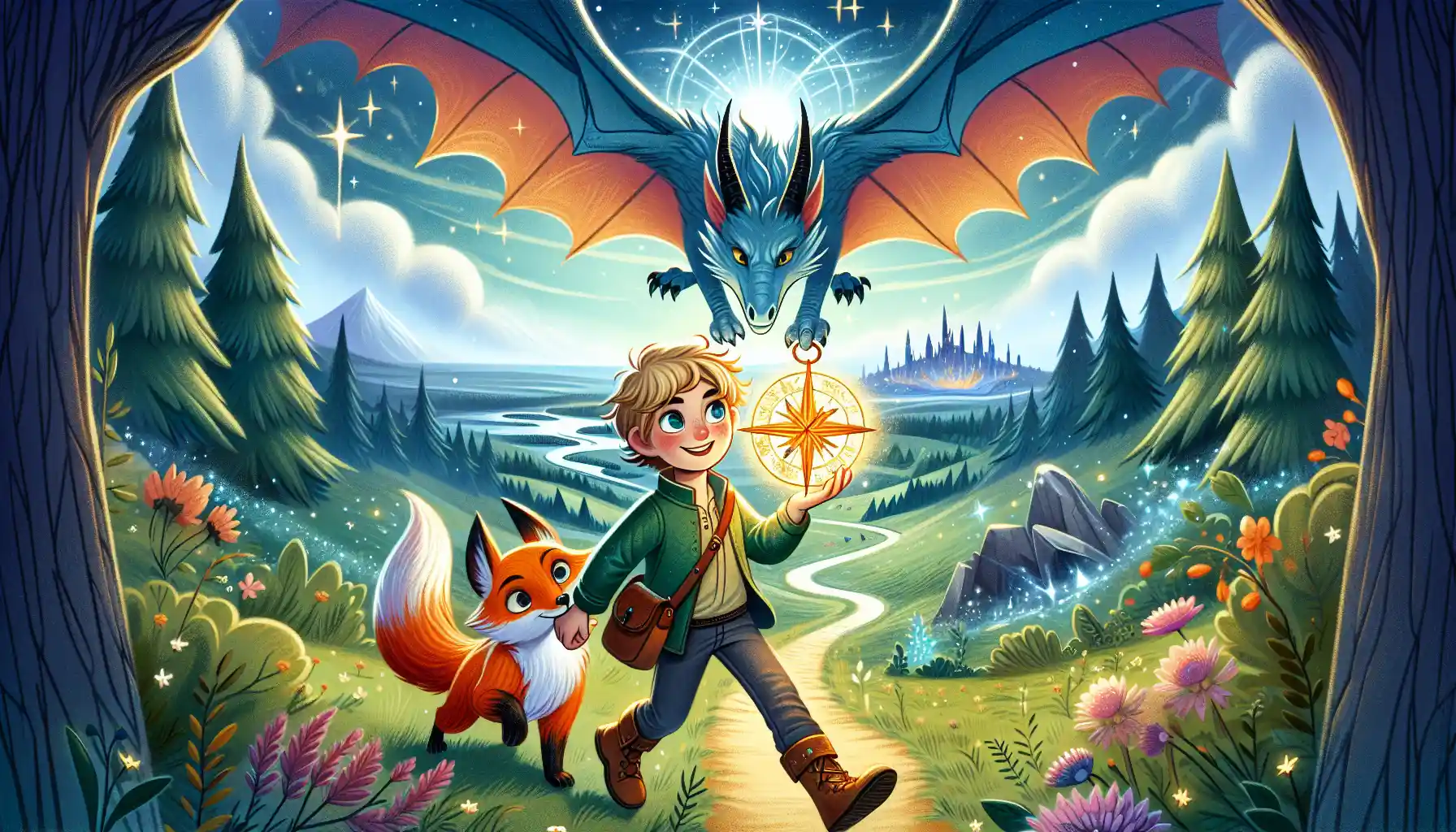 A whimsical and enchanting scene for a children's story titled "The Tale of the Crystal Compass." The image features Alex, a young and brave adventurer, holding a glowing magical compass. Beside her is Flicker, a loyal and quick-witted fox with a playful expression. Above them, Zephyr, a wise and powerful dragon, soars gracefully in the sky, guarding the North Star. The background shows a magical landscape with a path leading through lush forests and towards a distant kingdom. The style is colorful and friendly, perfect for ages 4-10, capturing the essence of adventure and friendship.