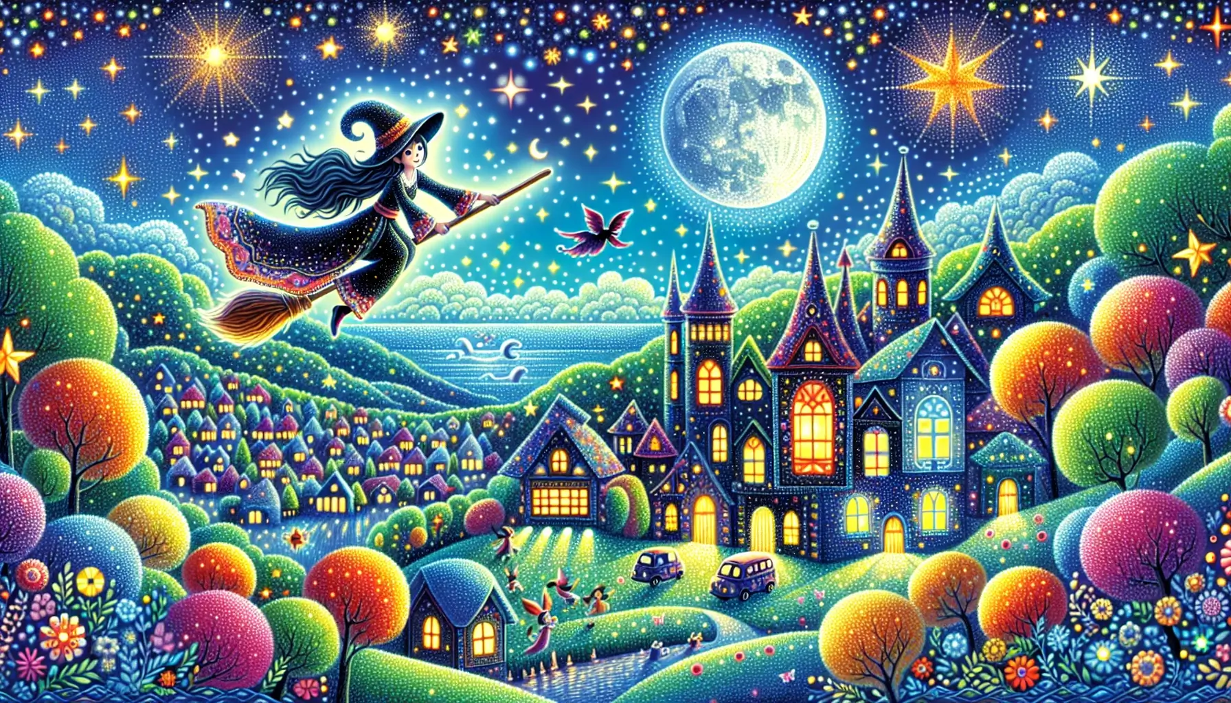 An enchanting scene with a child-friendly witch flying on a broomstick over a colorful, magical landscape. The sky is filled with twinkling stars and a friendly moon, while below, a whimsical village with glowing windows and playful magical creatures adds to the charm.
