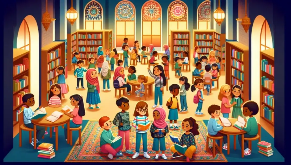 A vibrant illustration of a diverse group of children in a library. The library is spacious with tall bookshelves filled with books. There are large arched windows with colorful stained glass, allowing warm light to fill the room. Children of various backgrounds are engaged in different activities like reading, talking, and exploring books. Some are seated at tables, while others stand or sit on a large, decorative rug. The atmosphere is lively and welcoming, emphasizing learning and community.
