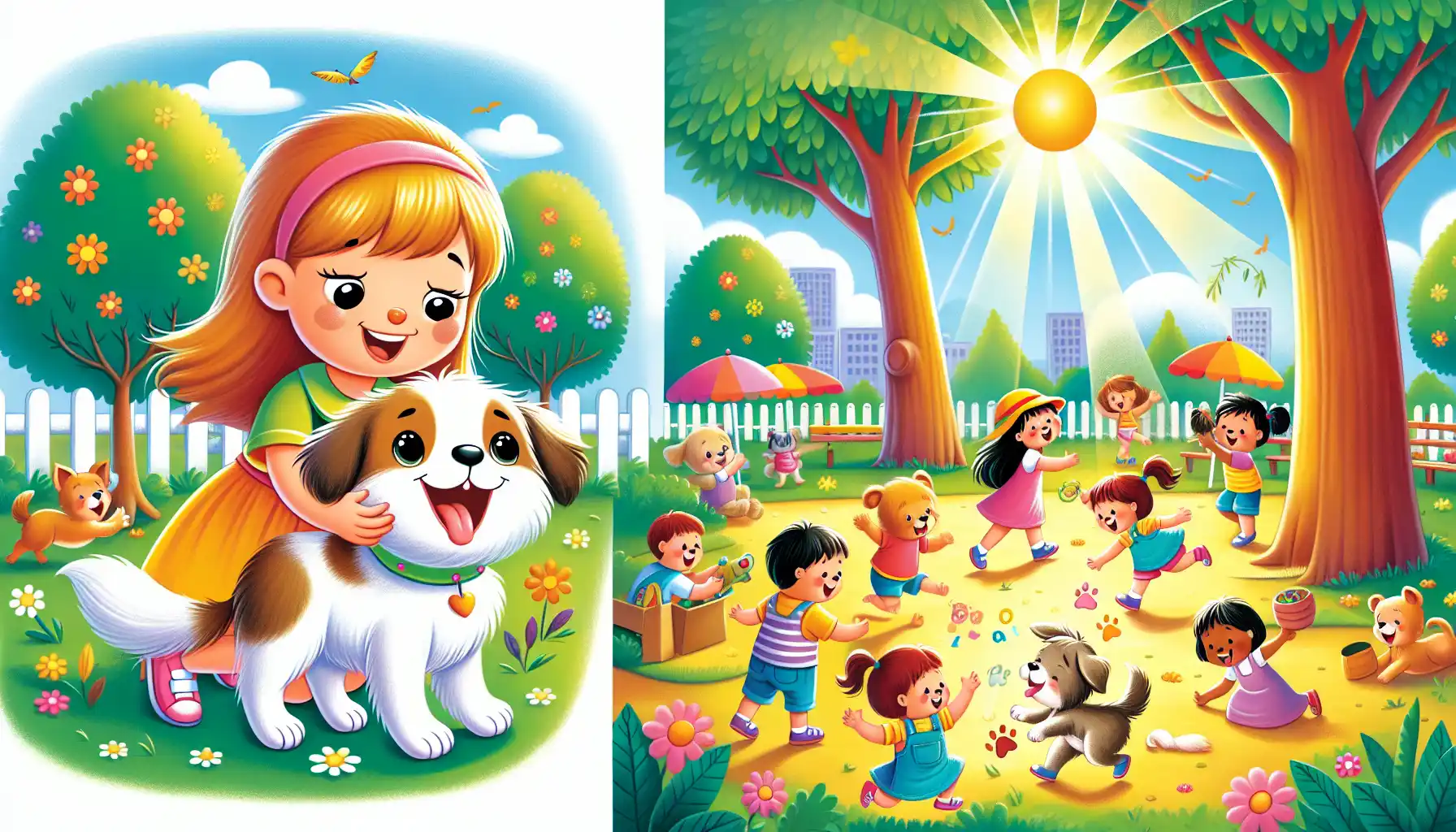 Benny, an energetic dog, and Sarah, his kind-hearted owner, explore a vibrant park filled with friendly animals and playing children, highlighting friendship and sharing.