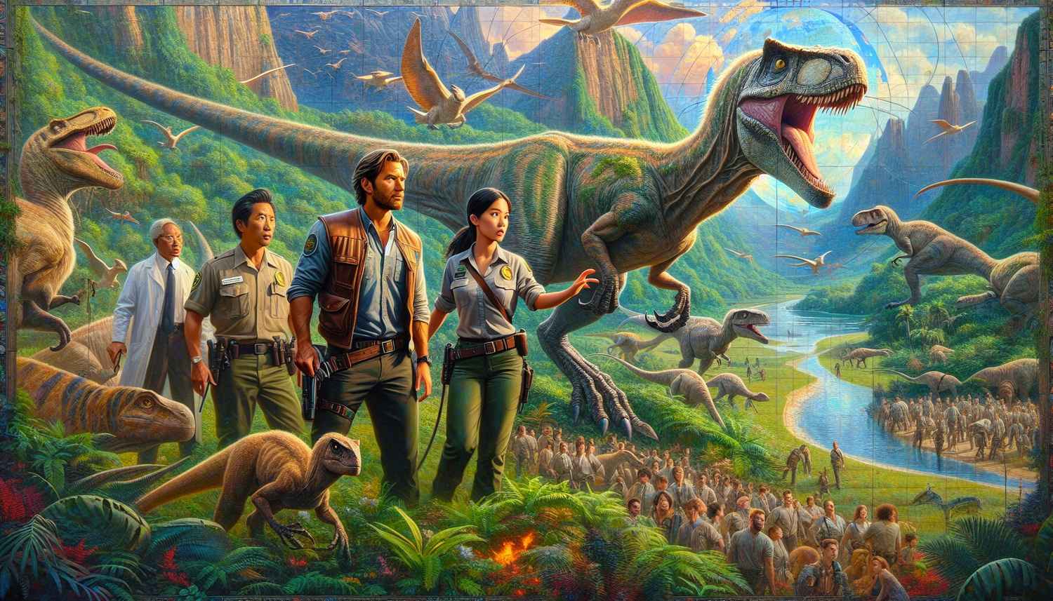 Image depicting a world where dinosaurs roam a reclaimed Earth, featuring Kira, Thunder, Dr. Anya Sharma, and Jax. The scene captures the essence of coexistence and discovery in this futuristic setting.