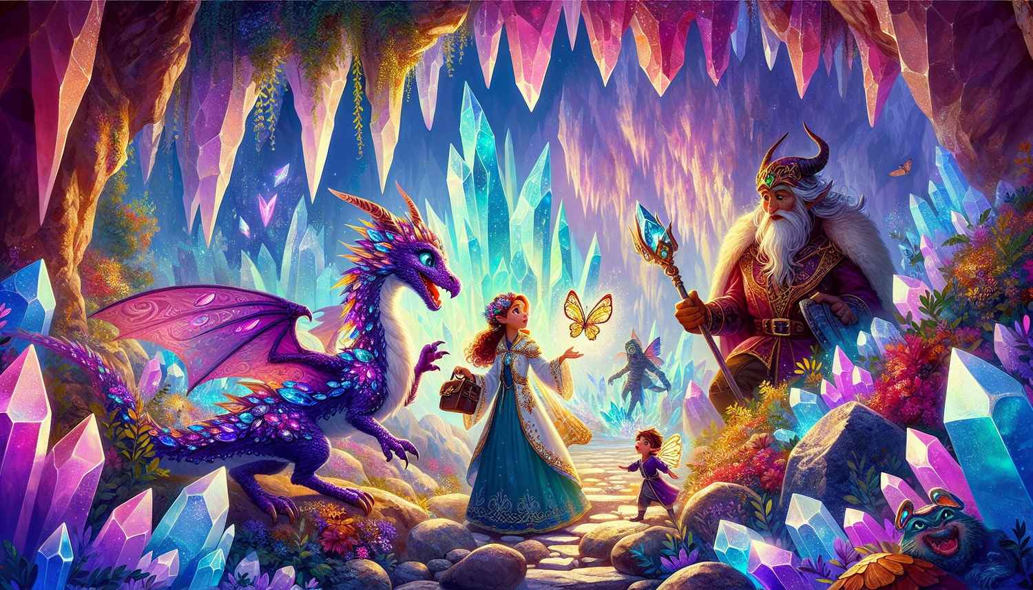 Princess Elara, with her shimmering dragon Ember and the mischievous sprite Flicker, confronts Grumble, the grumpy troll, at the entrance of the glittering Crystal Caves. The scene is filled with tension and excitement, hinting at a sparkling surprise.