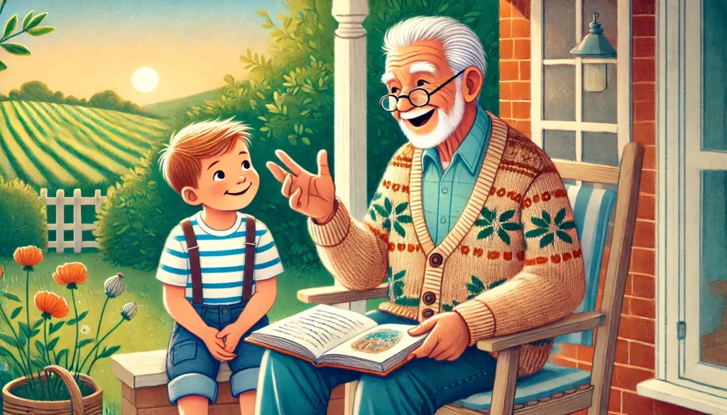 Grandpa Frank sits warmly with his grandson Oliver, sharing memories that highlight the joy of moments spent with family and friends. The cozy living room, filled with family photos, adds a nostalgic and heartfelt touch to their conversation.