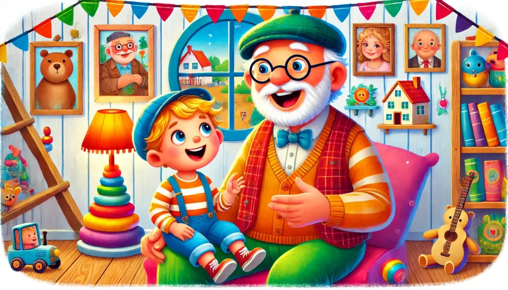Grandpa Frank shares animated stories with his grandson Oliver in a cheerful, colorful room filled with bright decorations and family photos. The joyful atmosphere captures their bond, perfect for sparking a child’s imagination.