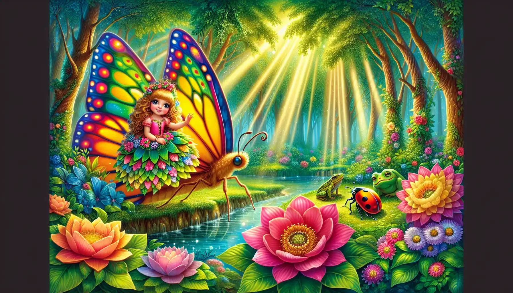 Illustration of a whimsical fairy-tale scene with a tiny girl in a petal dress riding on the wing of a beautiful butterfly. The mystical forest setting is filled with vibrant colors and magical details, including a friendly frog waving from the riverbank and a curious beetle peeking out from behind a flower. The sunlight filtering through the trees adds to the enchanting atmosphere.