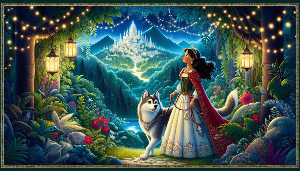 illustration of a princess and her loyal wolf companion discovering the magic within their kingdom. The scene captures the enchanting and immersive experience of their adventure.
