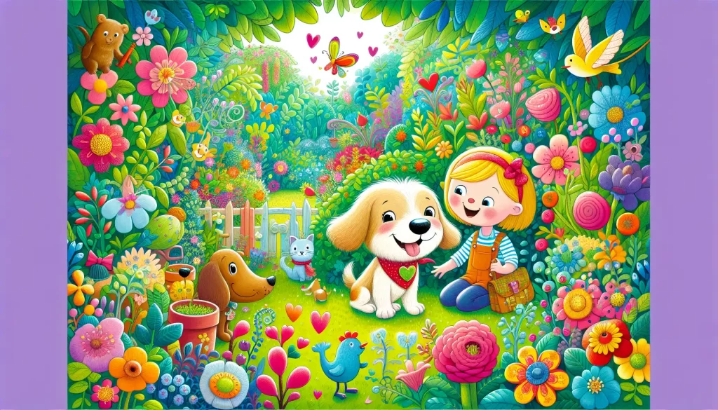 Illustration of Max and Mia exploring the magical garden. The scene is colorful and enchanting, perfect for capturing the joy and wonder of their adventure.
