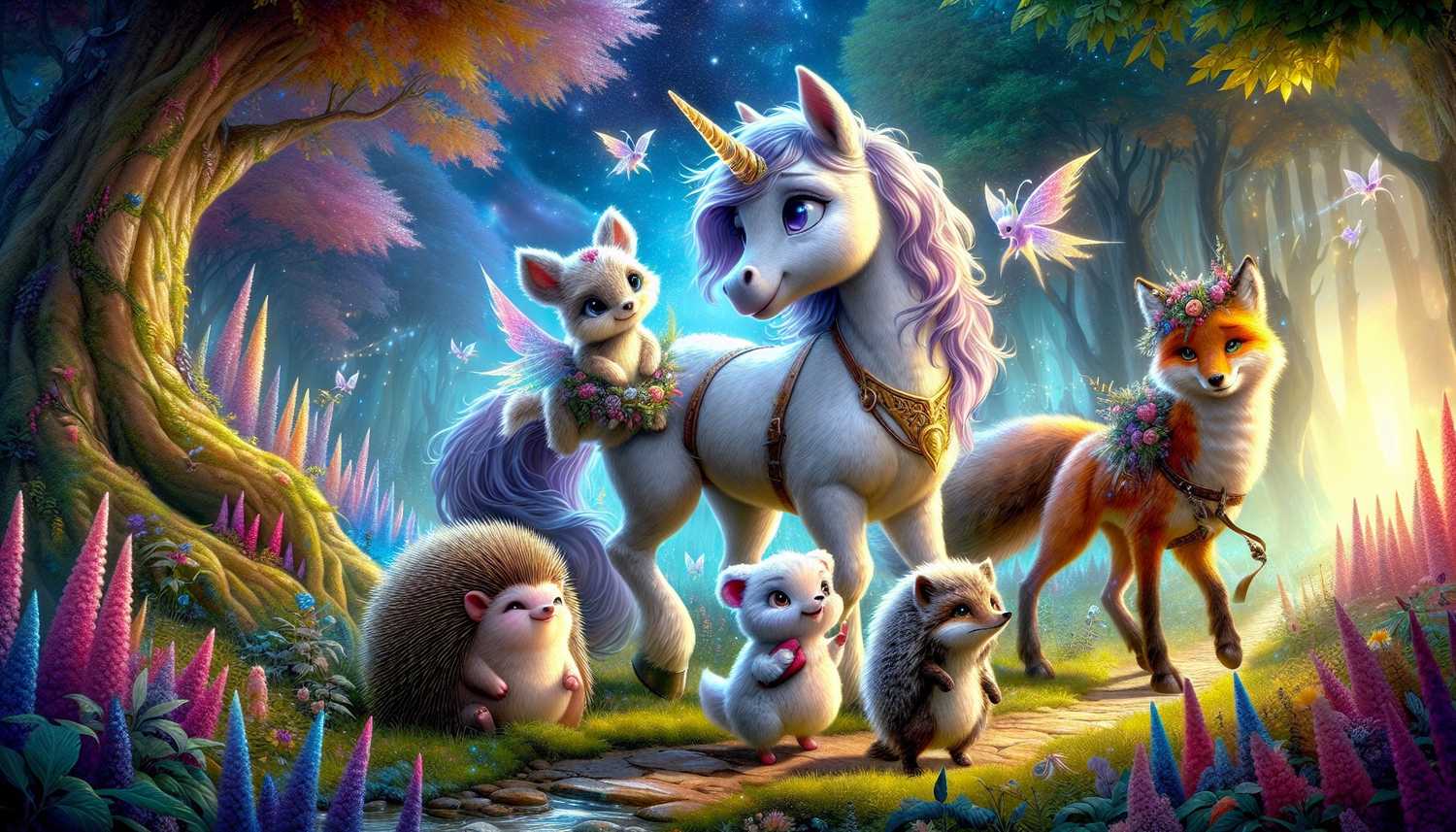 A heartwarming illustration of Moonbeam the unicorn and her pet Cloudpuff on their magical journey through the Enchanted Forest. Joined by Thistle the hedgehog, Starshadow the magical fox, and watched over by Eldertree, the scene captures the themes of friendship, courage, and forgiveness, highlighting the true power of kindness.
