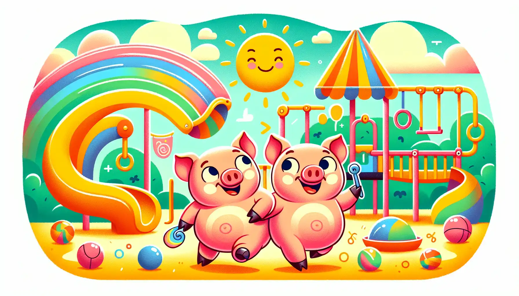 Piggy and Wiggles on their playful adventure at the playground. The scene focuses on their friendship and the joy of sharing and kindness, set in a vibrant and whimsical playground environment, perfect for children.