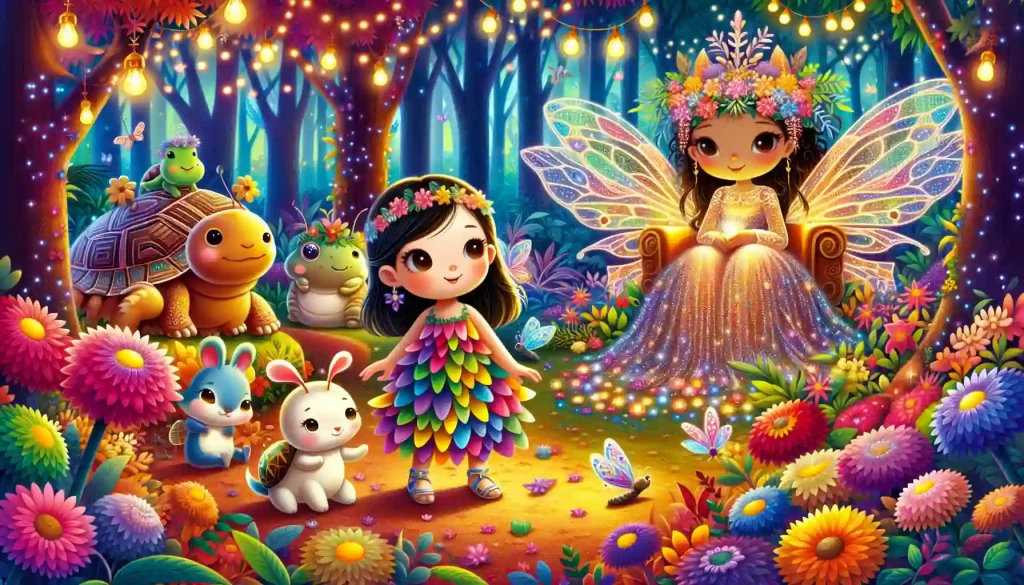 Cartoonish and colorful illustration designed for children. It features a tiny girl in a petal dress wandering through an enchanted forest with glowing lights. She is accompanied by a gentle firefly, a wise tortoise, and a playful mouse. In the background, a beautiful fairy queen with sparkling wings sits on a throne of flowers. The scene is vibrant and full of bright, cheerful colors, creating a whimsical and inviting atmosphere perfect for young children.