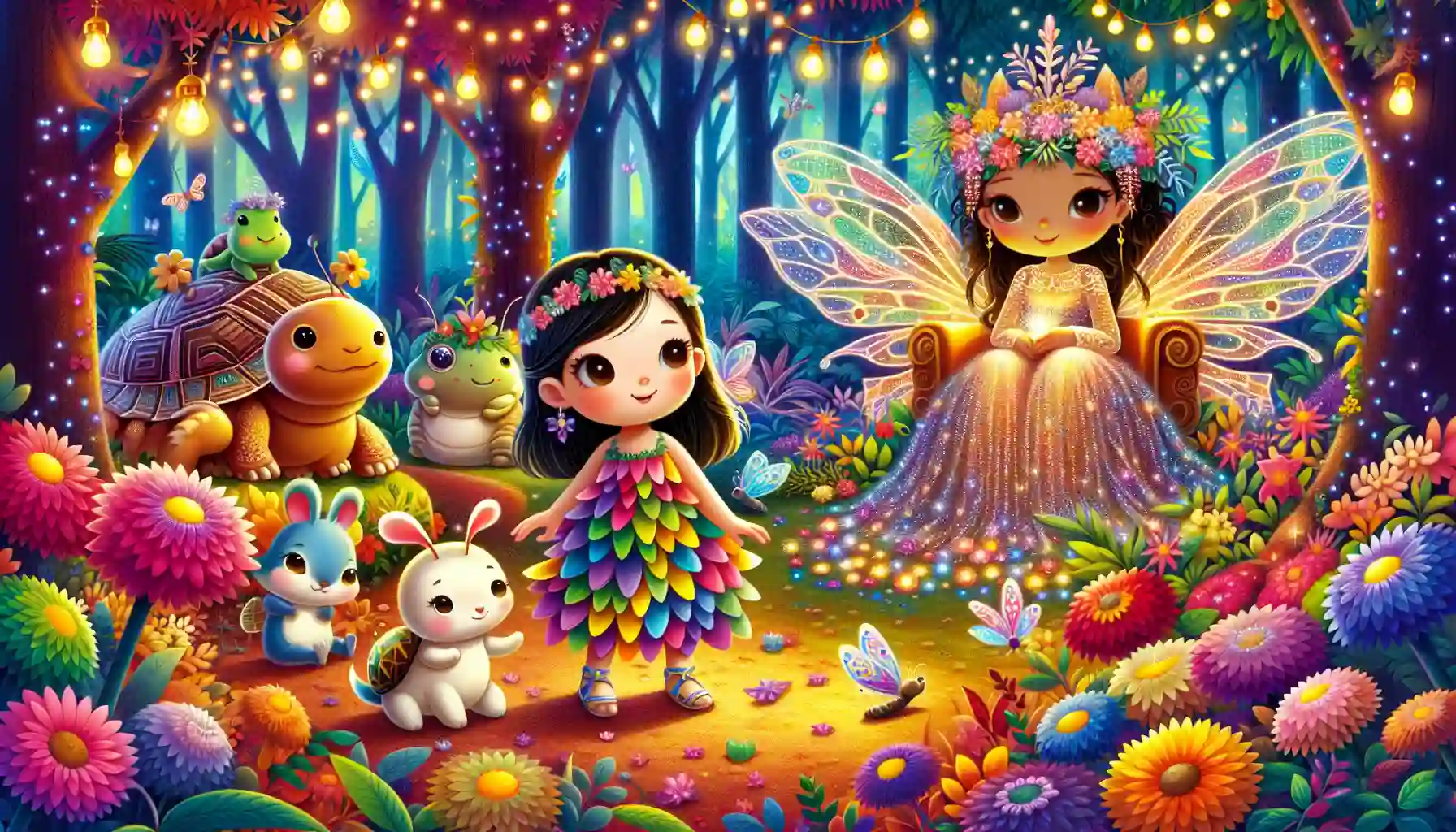 Cartoonish and colorful illustration designed for children. It features a tiny girl in a petal dress wandering through an enchanted forest with glowing lights. She is accompanied by a gentle firefly, a wise tortoise, and a playful mouse. In the background, a beautiful fairy queen with sparkling wings sits on a throne of flowers. The scene is vibrant and full of bright, cheerful colors, creating a whimsical and inviting atmosphere perfect for young children.