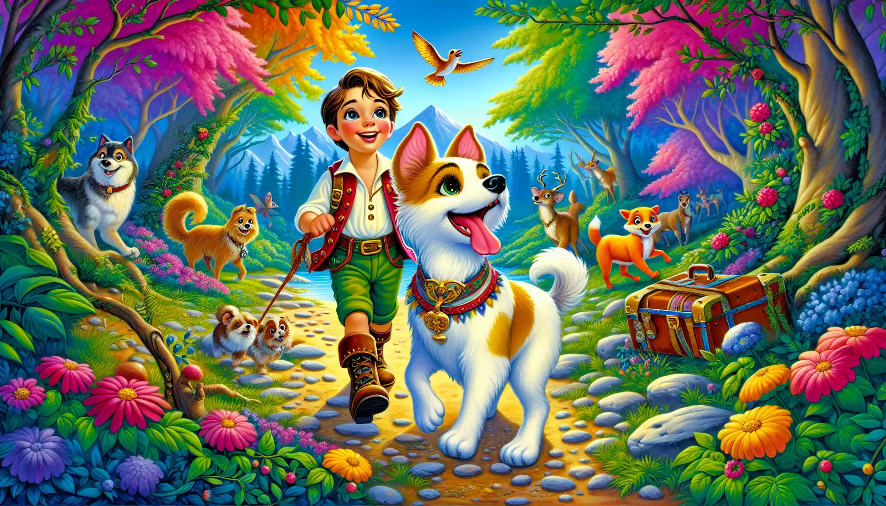Illustration of Pippin, the curious pup, and his owner Max on their adventure. The scene captures their journey through a magical forest, highlighting themes of bravery and friendship in a playful and colorful style suitable for young children aged 3 to 7.