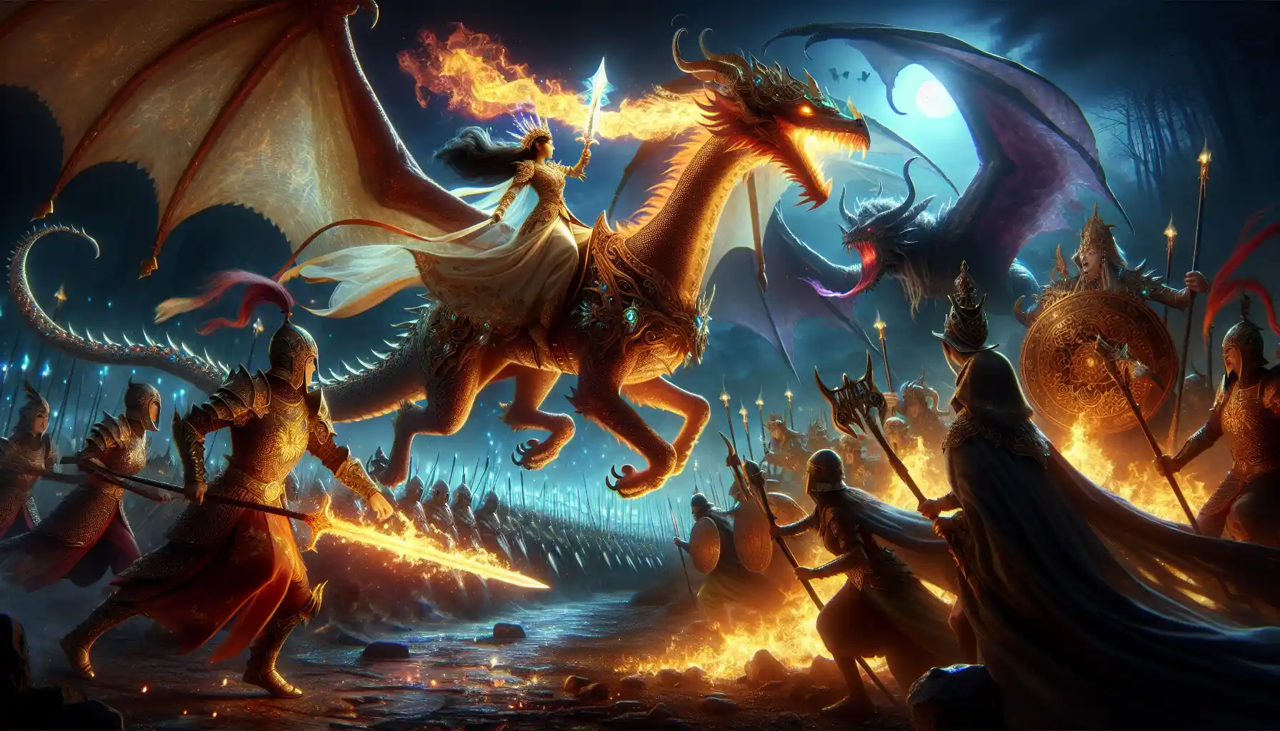 Illustration featuring a brave princess on a dragon facing a dark sorcerer king surrounded by shadowy creatures. The scene captures the intense and dramatic atmosphere, with the princess in light armor wielding a glowing sword, and the dragon breathing fire to illuminate the battlefield. Warriors of light with magical shields stand against the darkness, with an ancient kingdom visible in the distance. The image highlights the contrast between the dark, mystical setting and the bright, magical elements.