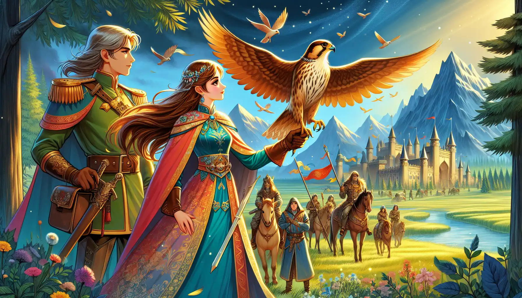 Illustration of Princess Mira and her loyal falcon Talon uniting the people of Meadowland to defend their kingdom against King Aldric. The scene highlights the themes of unity and bravery in a colorful and child-friendly style, with Captain Roderick and the people of Meadowland standing strong together.