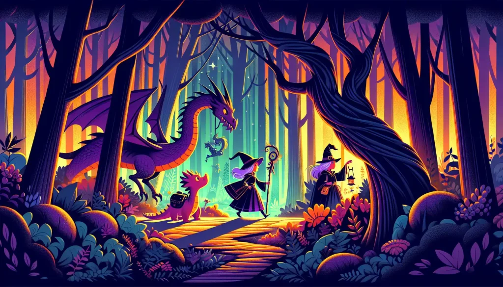 Princess Lyra and her dragon companion Sparkwing in the dark forest. The scene captures their adventure and encounter with the mischievous witch Malara and the wise guardian Elderbloom, focusing on themes of bravery and friendship.