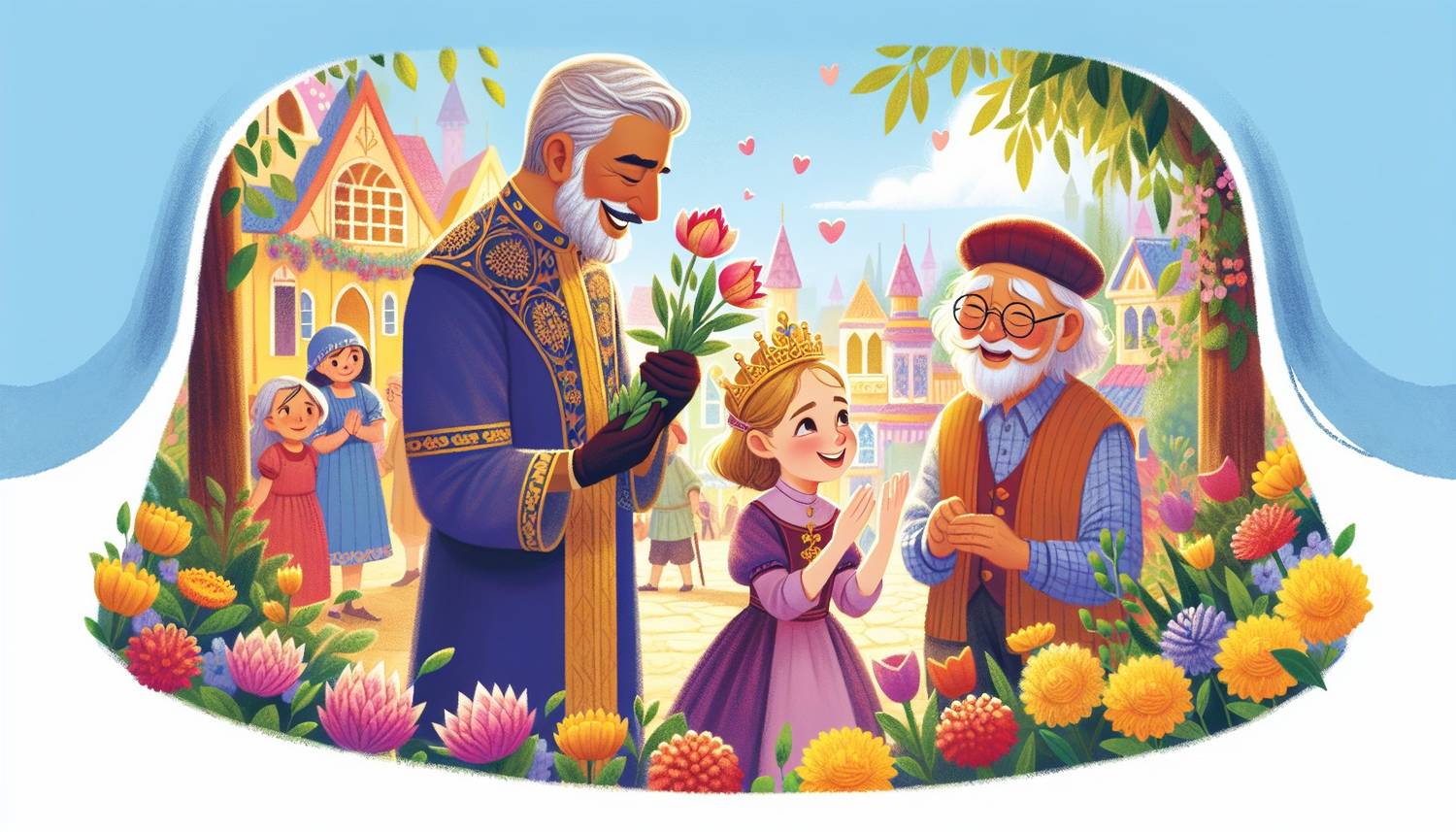 Princess Lily observes her father, King Alexander, known for his generosity, interacting warmly with the townspeople. Nearby, Thomas, the kind royal gardener, tends to vibrant flowers, embodying the kingdom's spirit of kindness and love.
