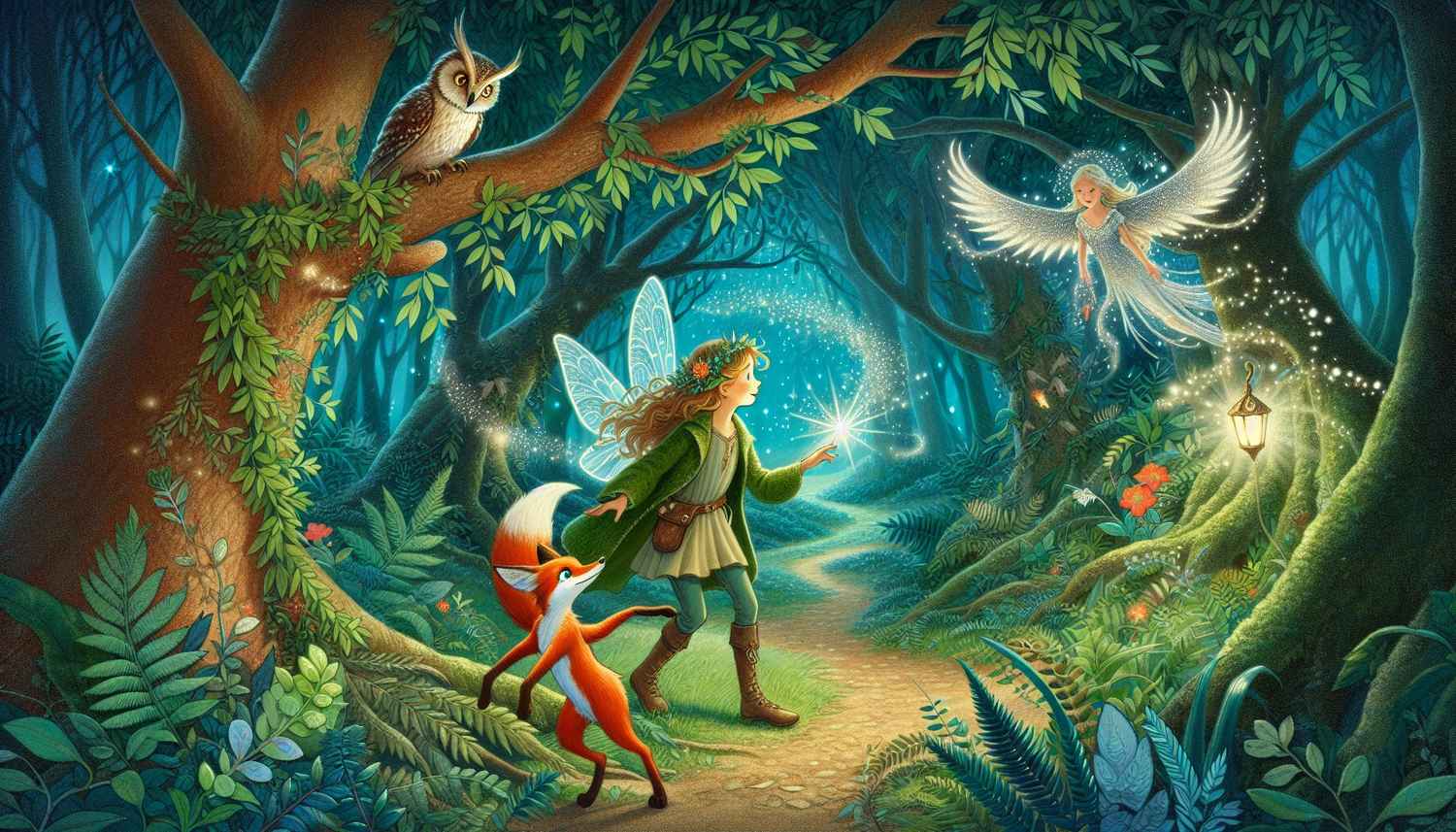Princess Kaela, a brave and kind princess, ventures through the mystical Willow Glen forest with Whiskers, a clever fox, and Mistral, a magical sprite. The Enchanted Owl watches over them, amidst magical light and lush greenery, capturing the essence of courage and friendship.