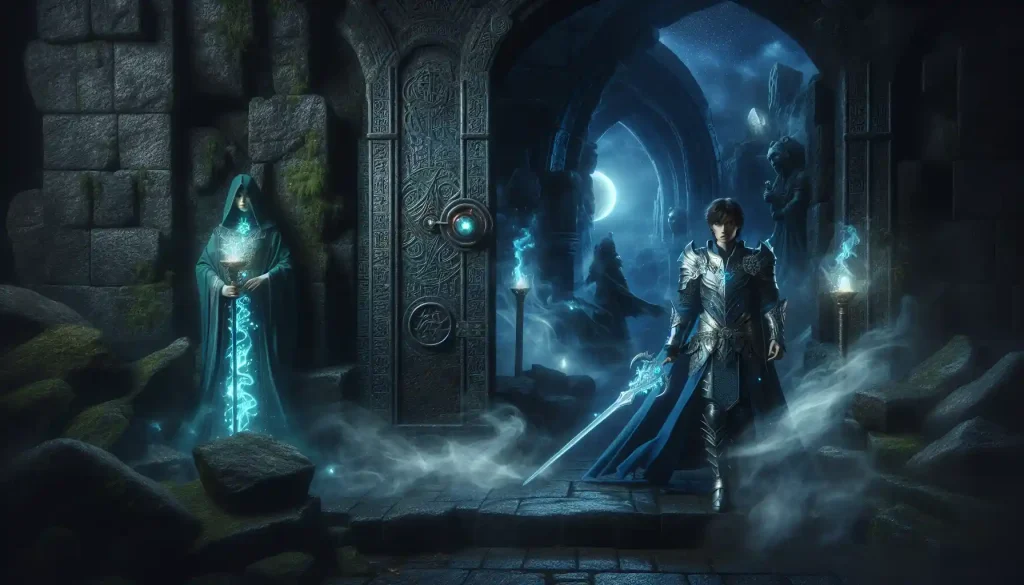 The illustration of the mysterious and shadowy labyrinth under the full moon. Miren stands bravely at the entrance, dressed in glimmering blue leather armor and holding a twin-bladed silver sword. In the background, Skara, the guardian, watches from the shadows in emerald robes with glowing runes, holding a staff with a fiery crystal.