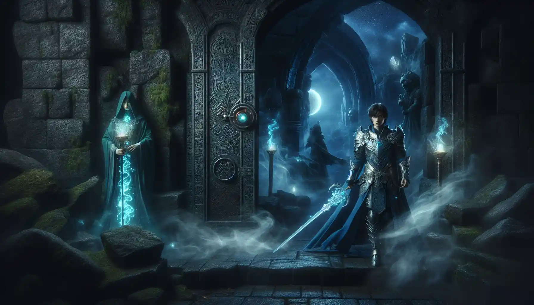 The illustration of the mysterious and shadowy labyrinth under the full moon. Miren stands bravely at the entrance, dressed in glimmering blue leather armor and holding a twin-bladed silver sword. In the background, Skara, the guardian, watches from the shadows in emerald robes with glowing runes, holding a staff with a fiery crystal.