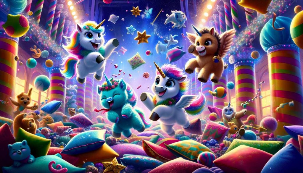 A lively illustration of Fluffums and her unicorn pals having the grandest pillow fight ever, creating a fluffy mountain of fun. The scene captures the playful and magical atmosphere of their ultimate pillow party.