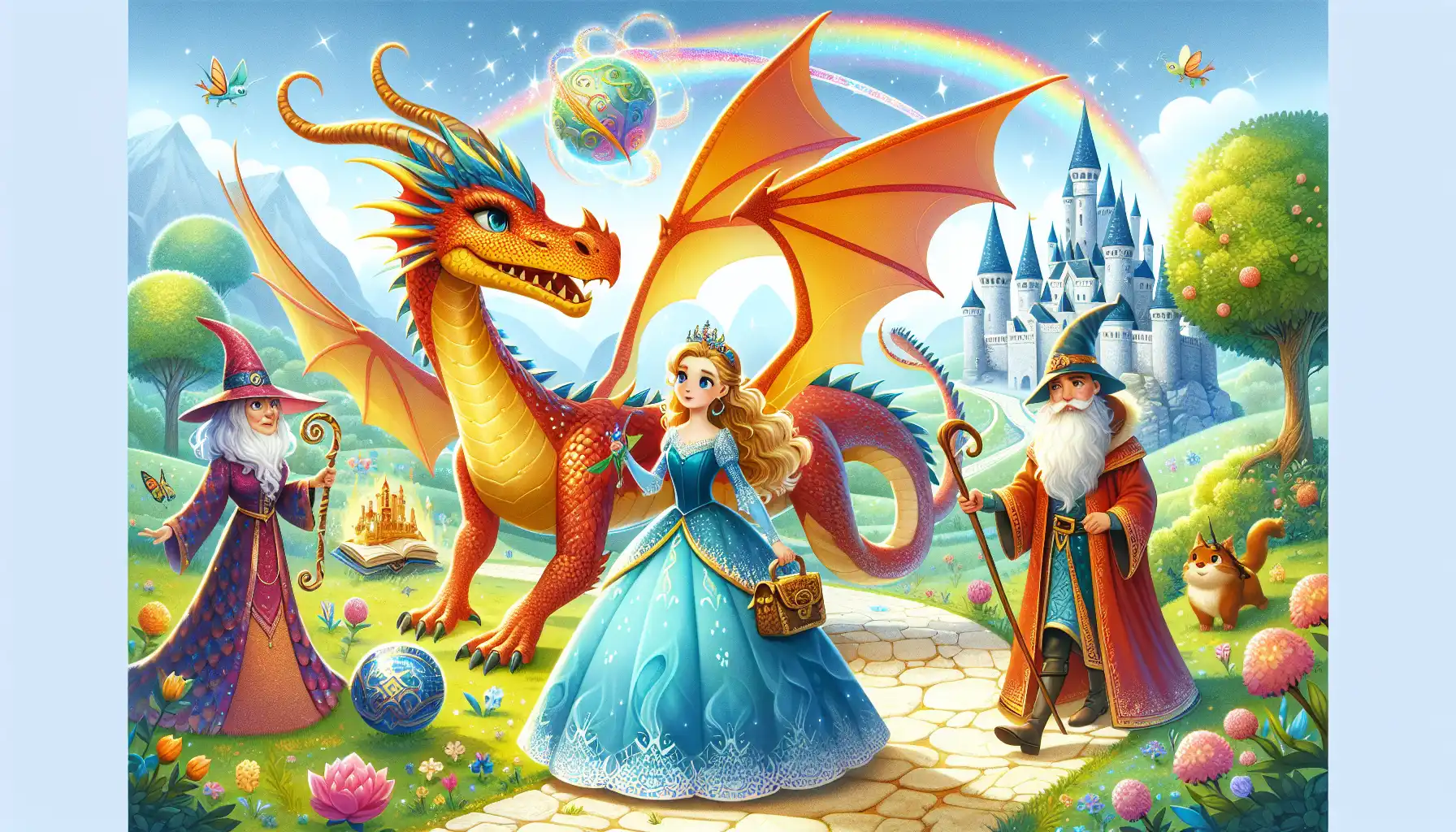 Princess Alara and her dragon companion Blazewing on their colorful and whimsical adventure. The image is designed to be child-friendly, focusing on their journey with Thistle the Witch and Willow the Wizard, highlighting themes of teamwork and courage.