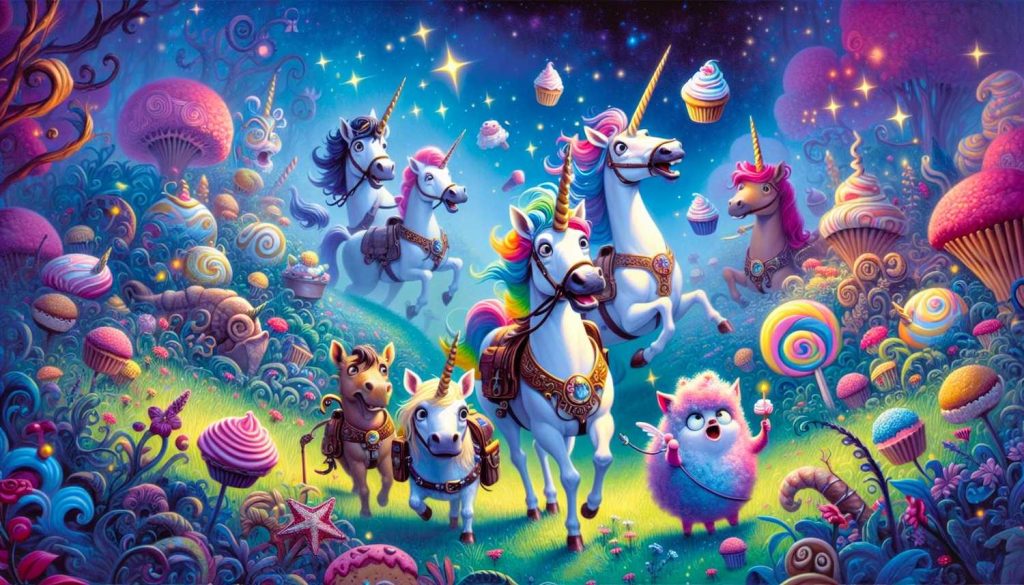 A whimsical and humorous illustration of Sparkles the Unicorn and his friends in the Magical Meadow, on a hilarious adventure to find missing cupcakes. The scene captures the lively, colorful atmosphere and the charm of their playful antics.