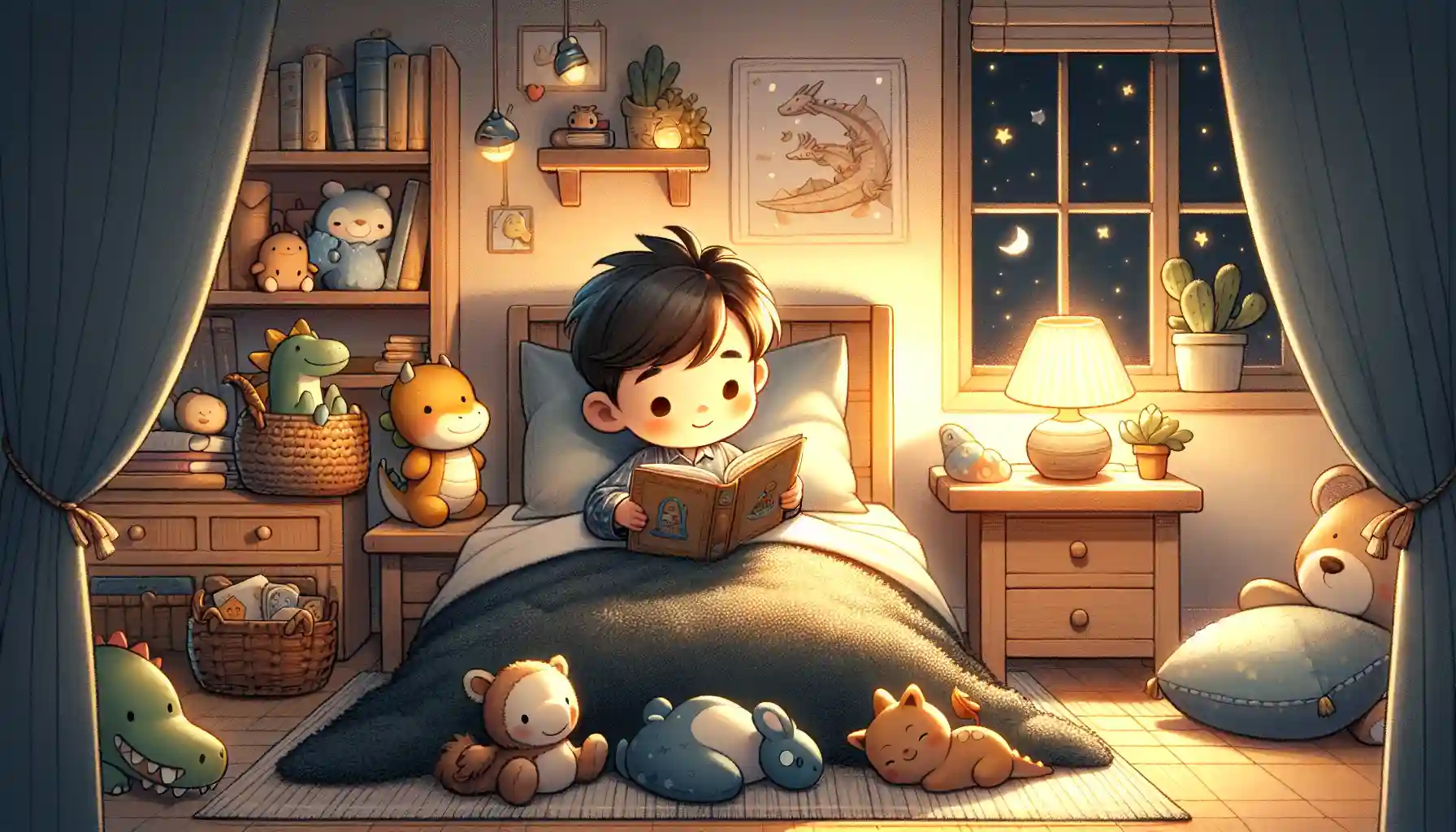 Cozy bedtime scene, featuring the young boy, his storybook, and the magical dreamlike elements.