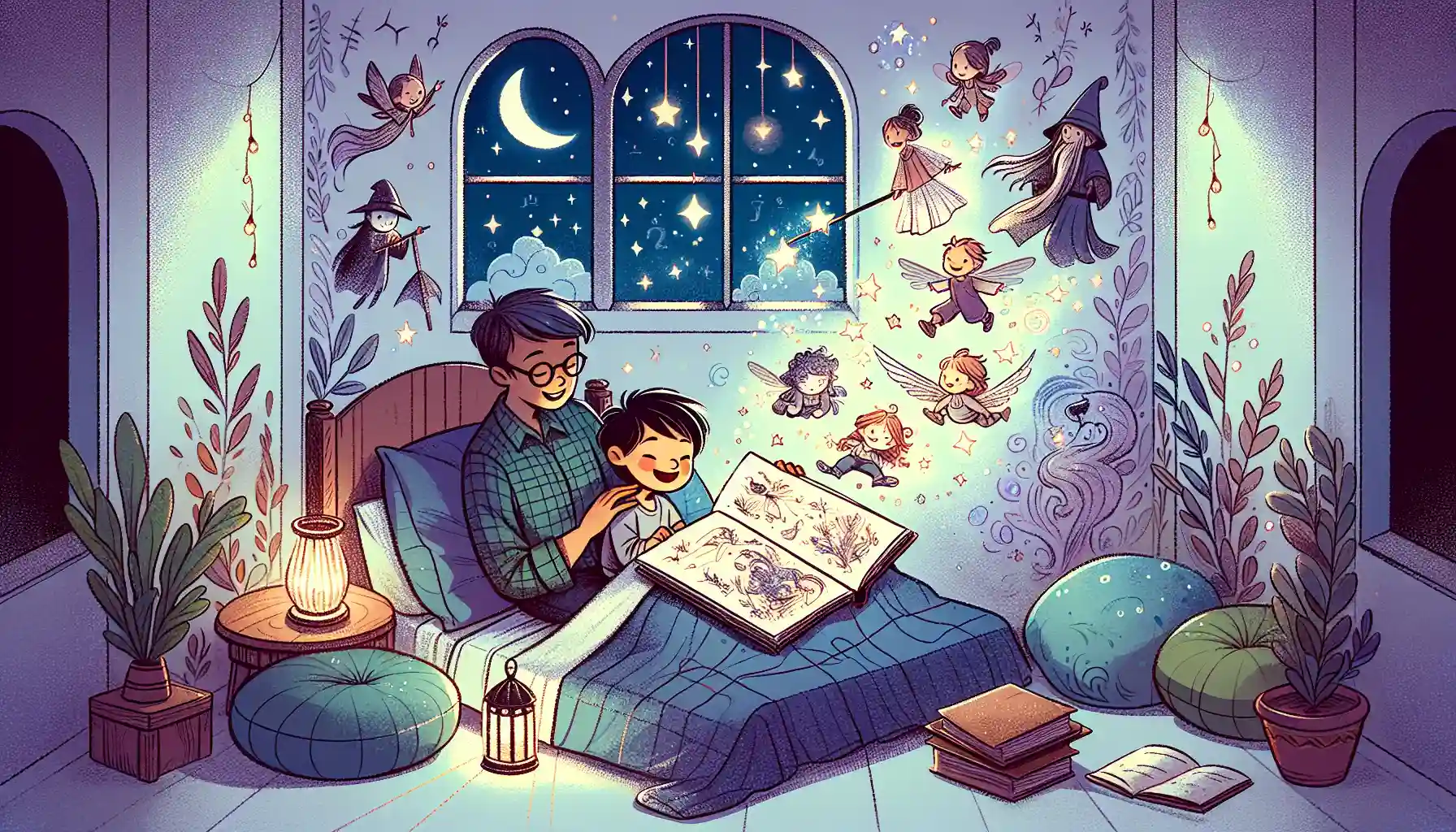 A magical and heartwarming scene of a parent reading to a child, with glowing stars, friendly animals, and storybook characters coming to life