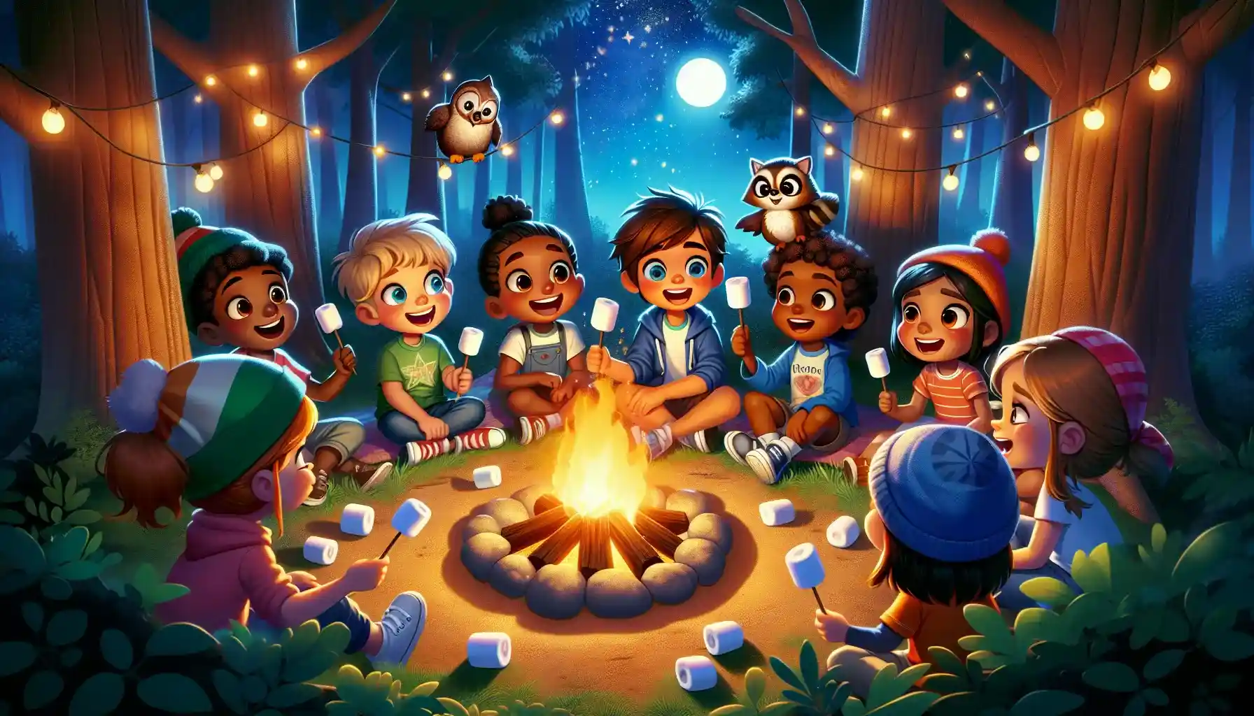 Vibrant and magical illustration of children gathered around a glowing campfire in the forest, enjoying campfire stories. The cozy atmosphere is filled with playful details like marshmallows, fireflies, a raccoon, and an owl under a starry sky.