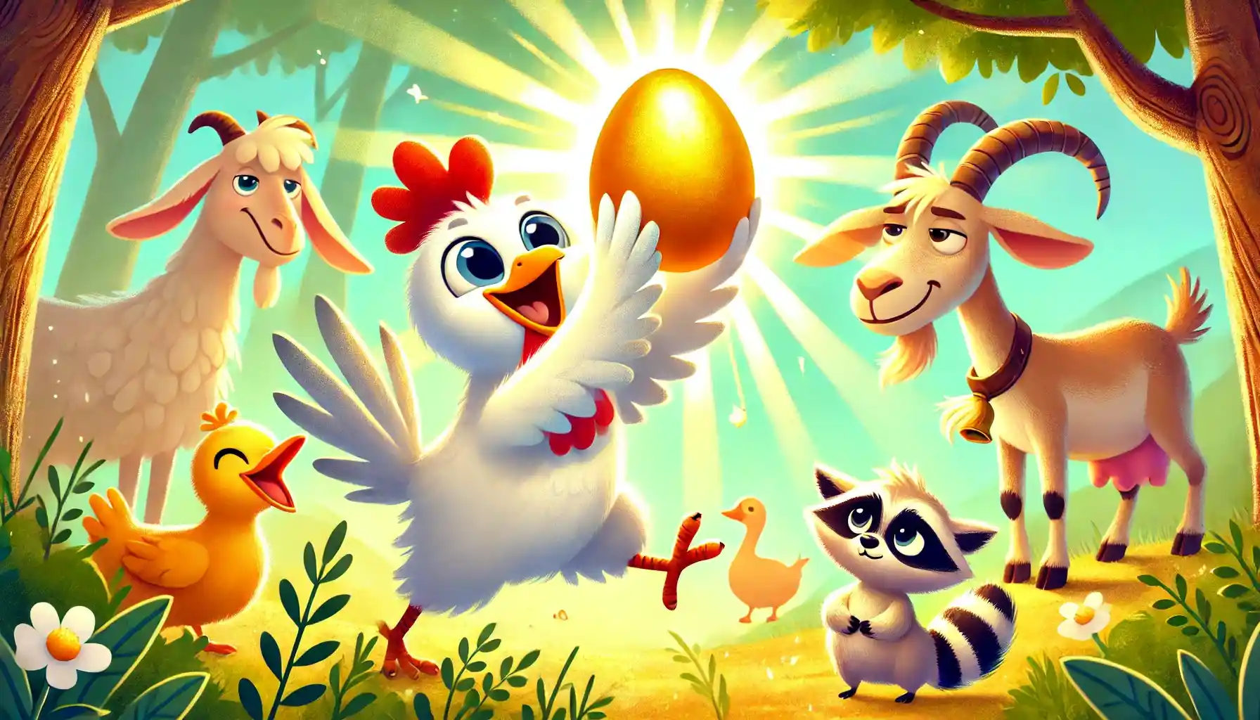 A triumphant chicken holds a glowing egg, a cheerful goat bleats, and a proud duck stands nearby, while a sulking raccoon lingers at the edge of a sunny forest.