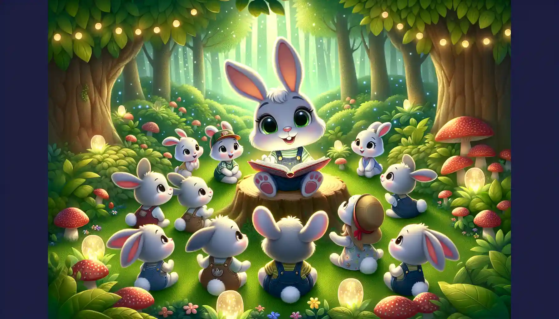A group of adorable anthropomorphic bunnies in forest, gathered around a glowing storybook.