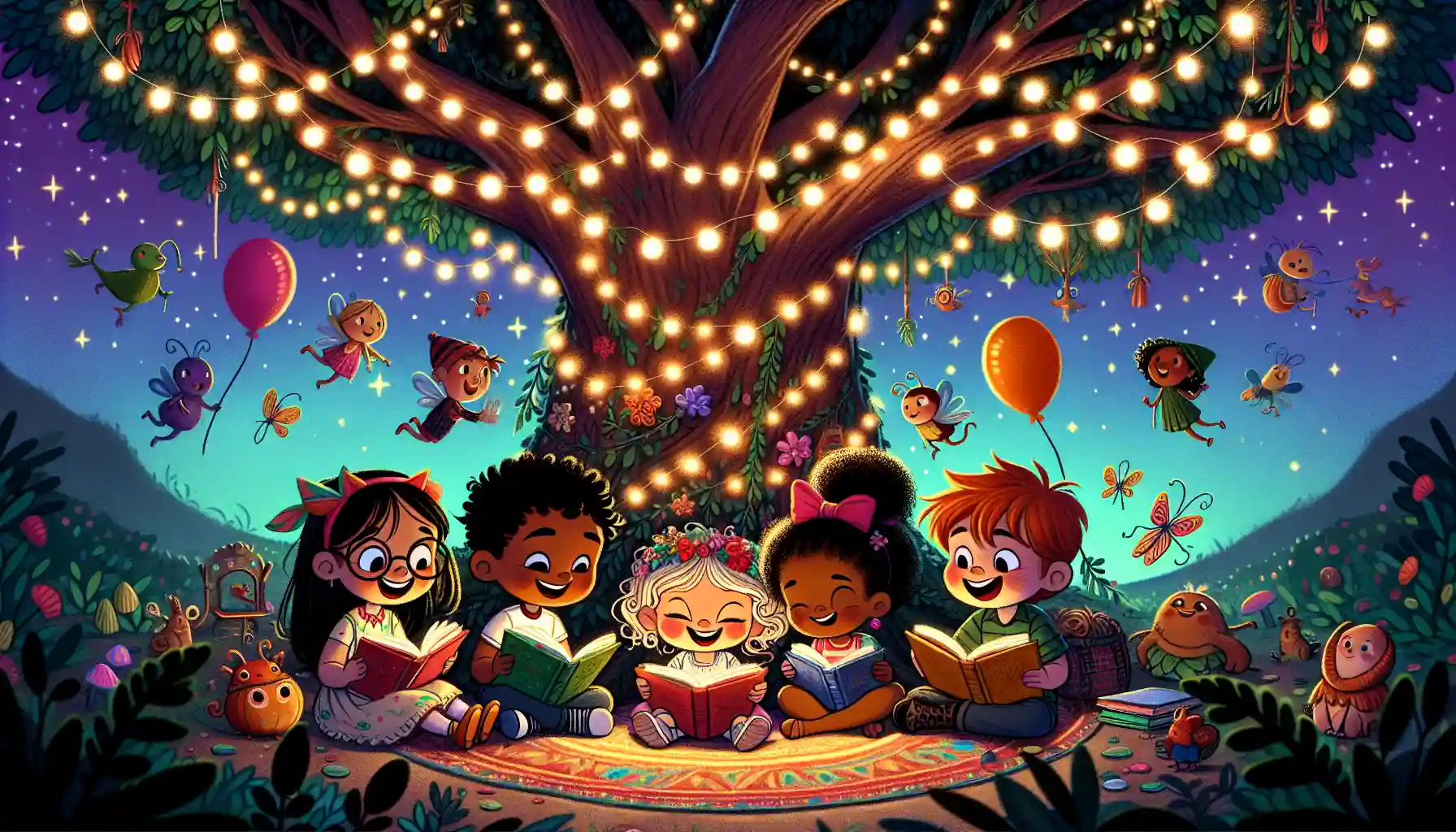 A group of children gathered under a magical tree with glowing fairy lights, surrounded by elements like tiny fairies and talking animals