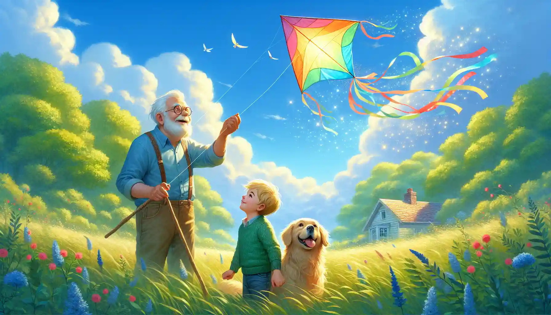 Grandpa Joe, young Ben, and their loyal dog Rusty flying a colorful kite in a lush meadow. The glowing kite, with its sparkling trails, hints at its magical secret.