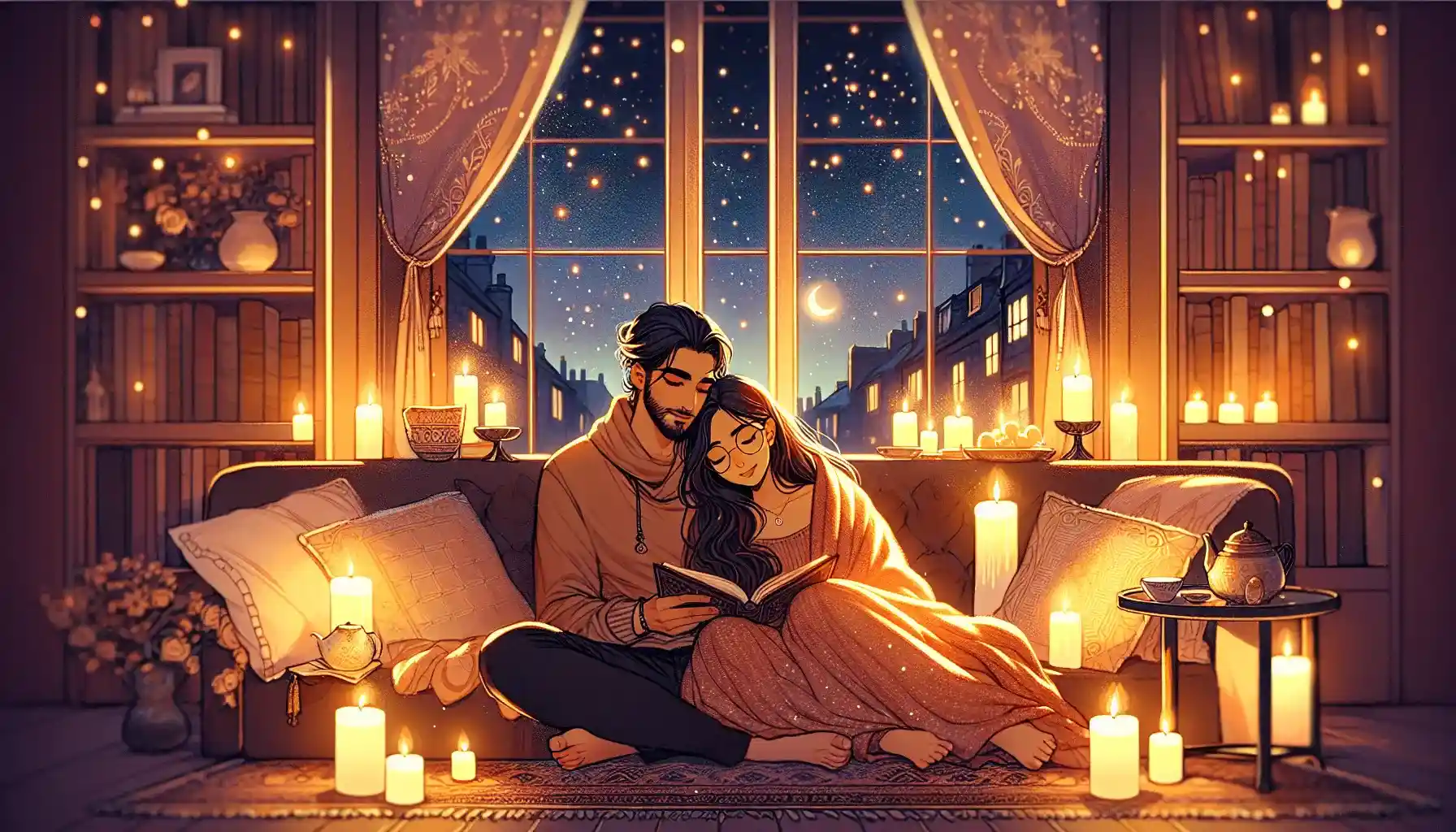 cozy and romantic illustration of a couple relaxing together under warm lighting. The glowing candles, open book, and dreamy starry night outside create an atmosphere of love and tenderness, perfect for heartfelt storytelling and bedtime connection.