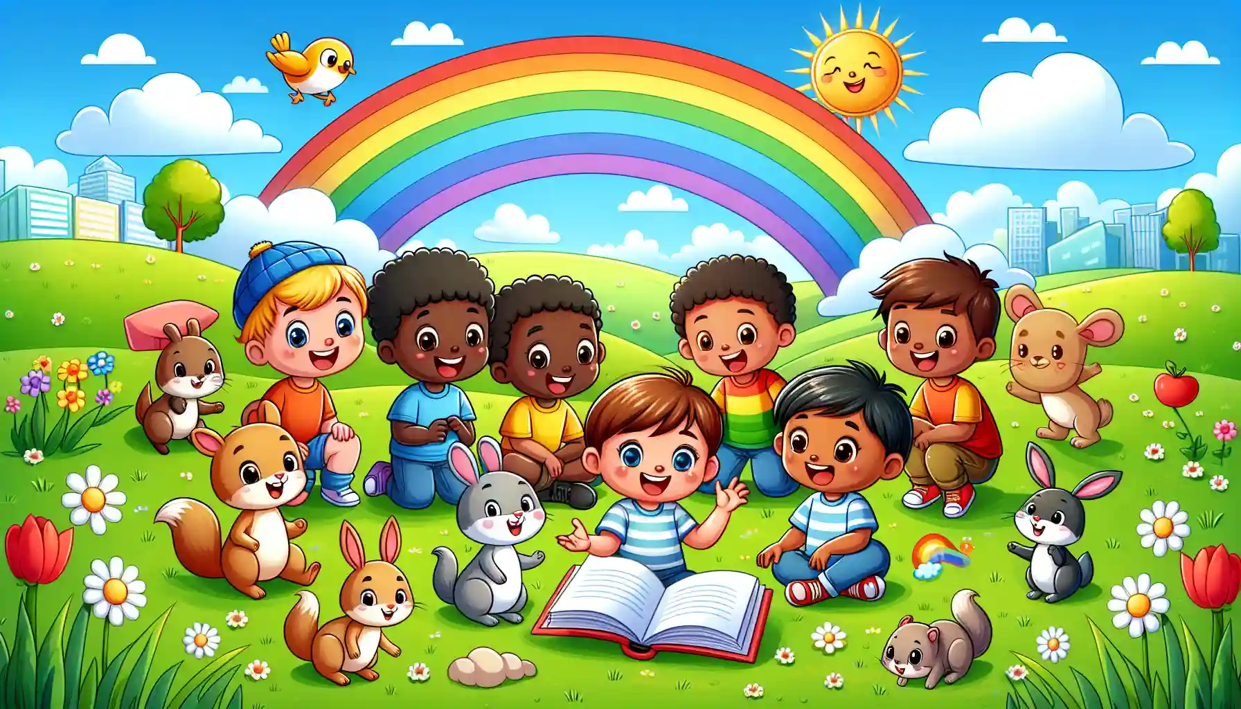 Happy children playing in a sunny meadow with cute animals, a rainbow, and a big picture book