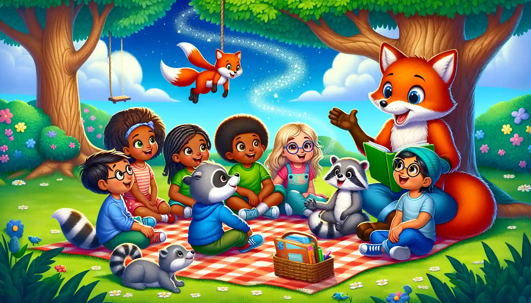 Cheerful children in a whimsical park, listening to a friendly fox reading from a magical glowing book, surrounded by talking animals