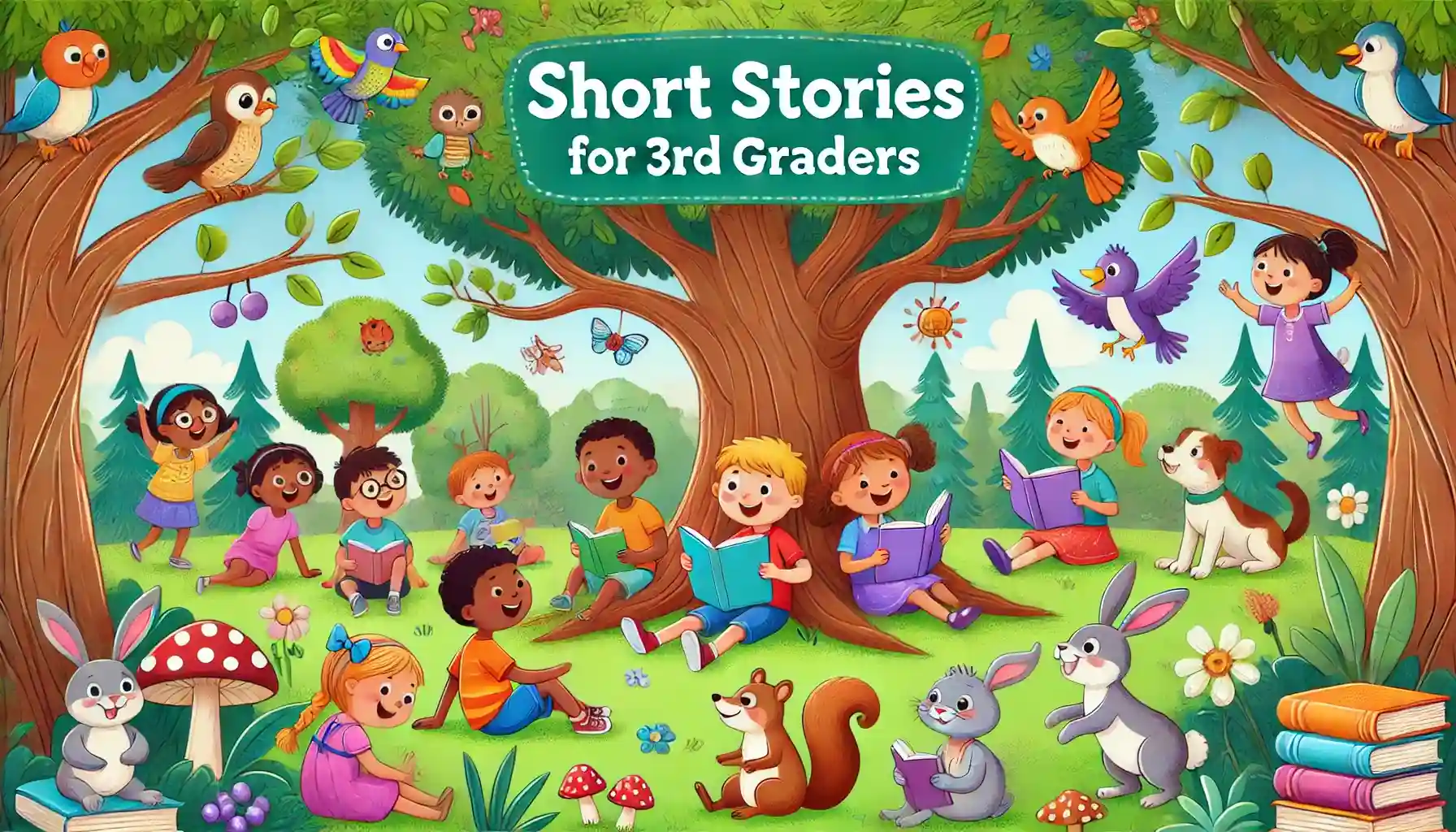 Children reading books under a tree, joined by playful animals in a colorful, engaging park setting.