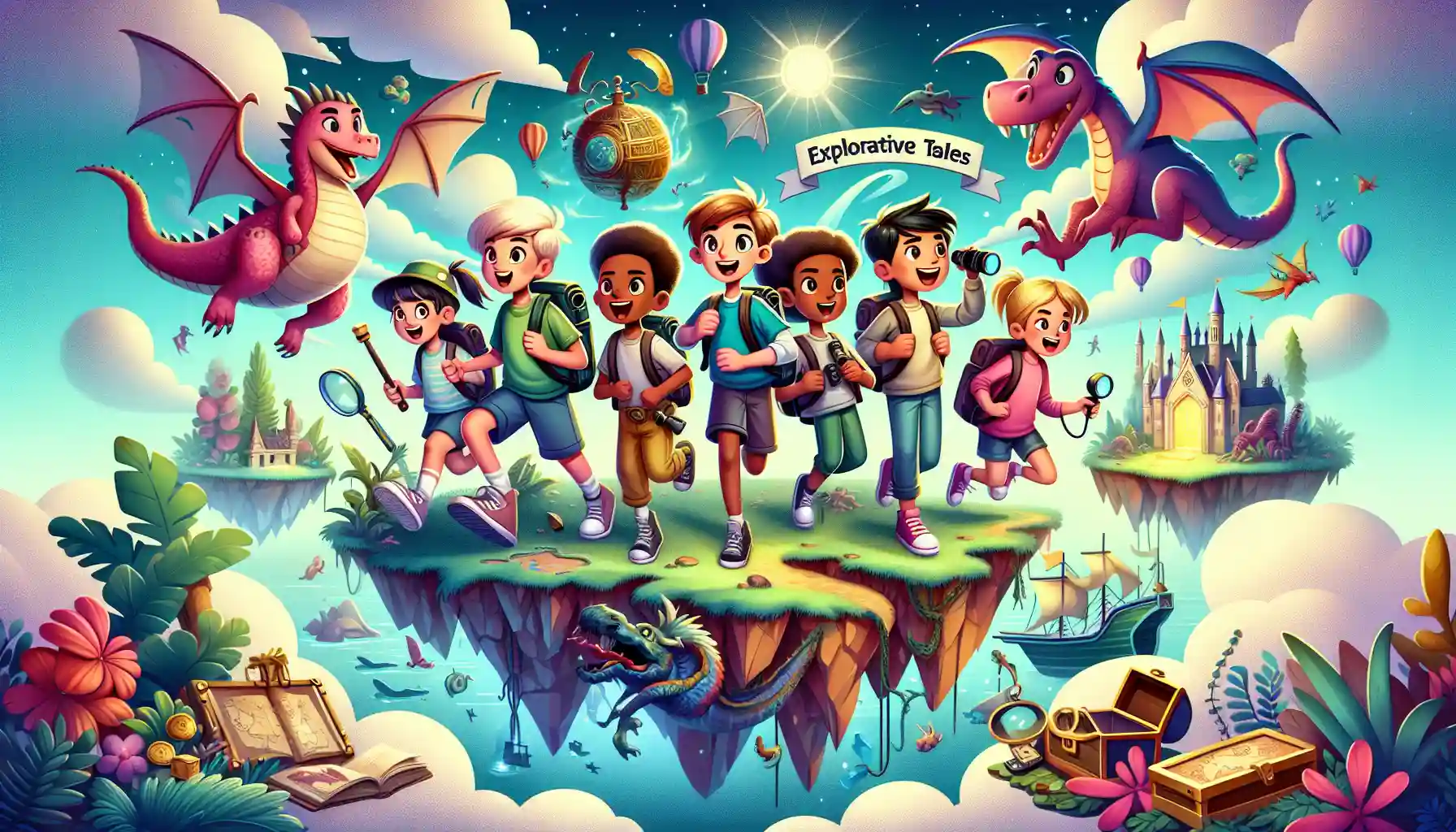 A group of kids exploring a fantastical floating island with elements like a friendly dragon, a treasure chest, and a magical portal.