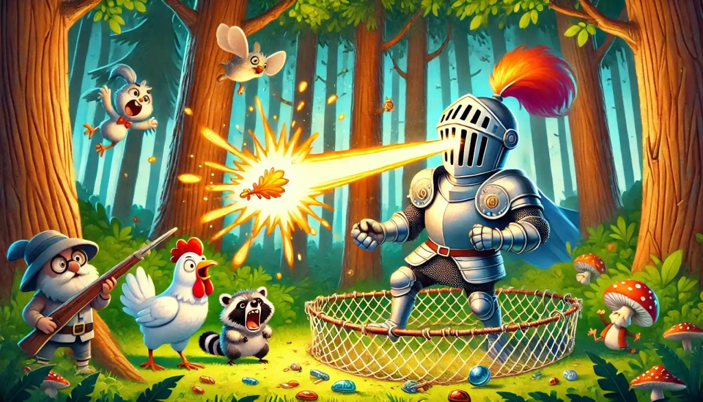 A sneezing knight bursts out of a net trap as a proud chicken holds a glowing Golden Feather, with a shocked raccoon surrounded by shiny trinkets in a sunny, magical forest.