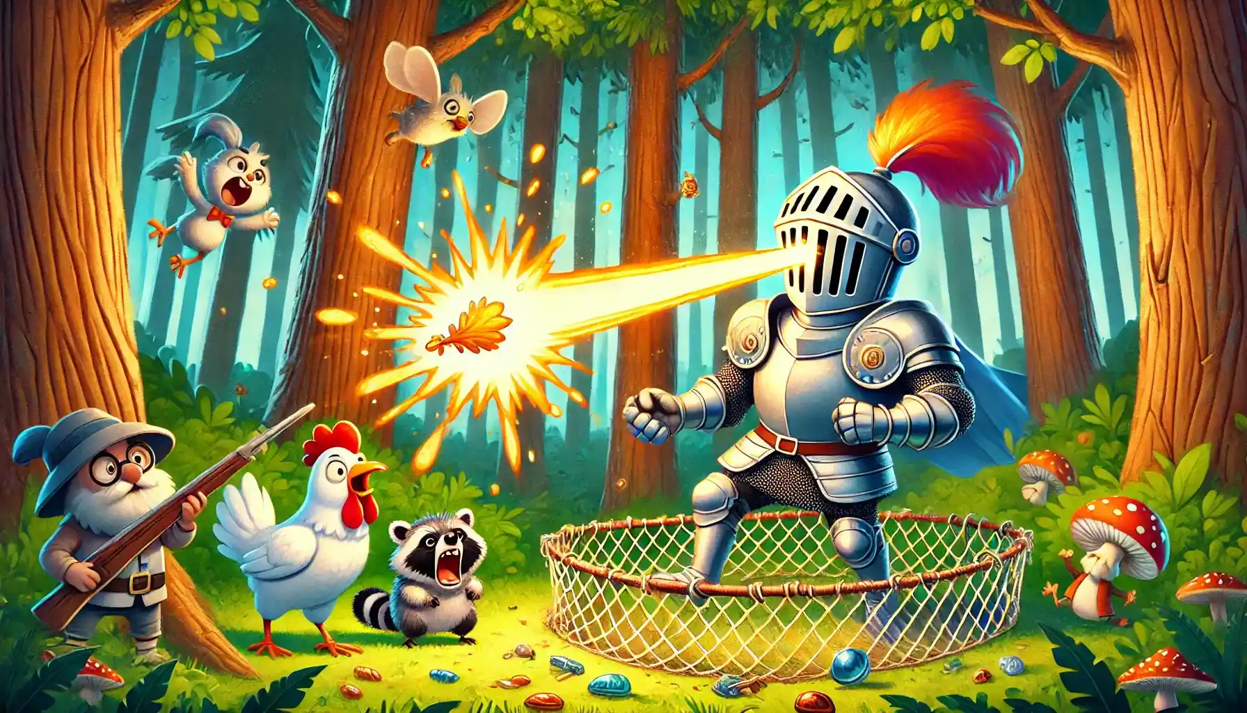 A sneezing knight bursts out of a net trap as a proud chicken holds a glowing Golden Feather, with a shocked raccoon surrounded by shiny trinkets in a sunny, magical forest.