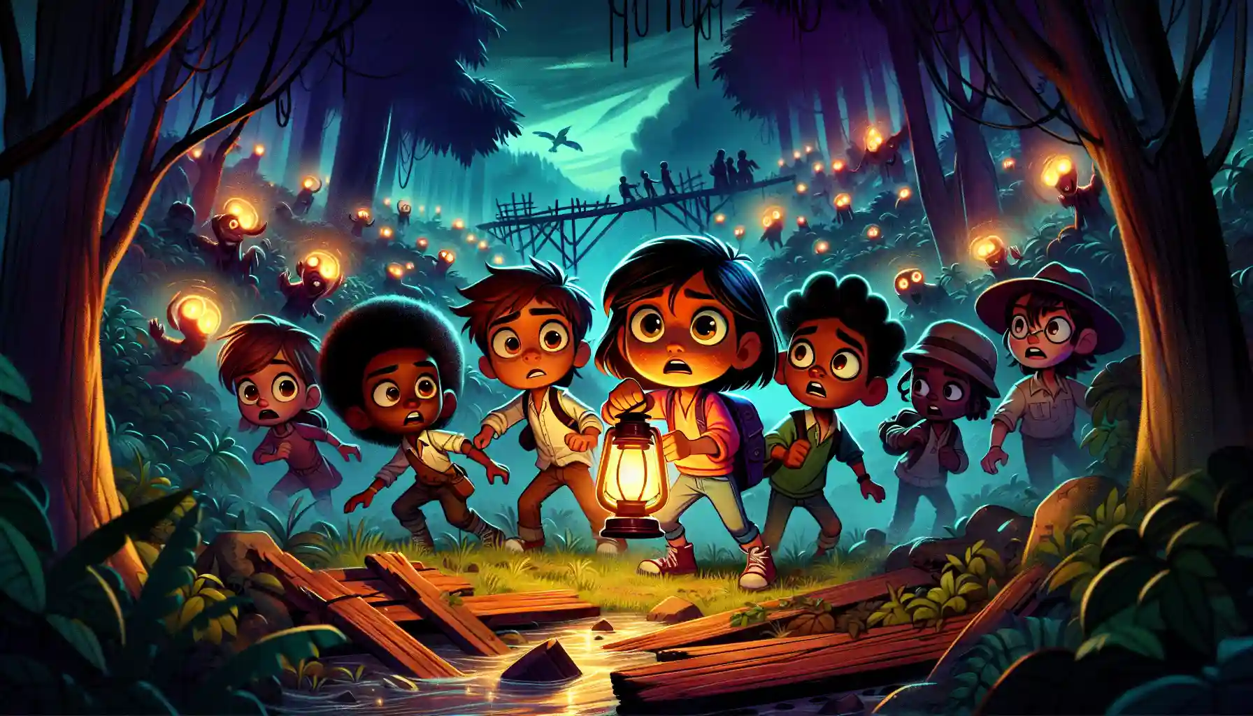 A group of children in a shadowy forest, illuminated by a lantern, with hints of peril like glowing eyes and a broken bridge in the background