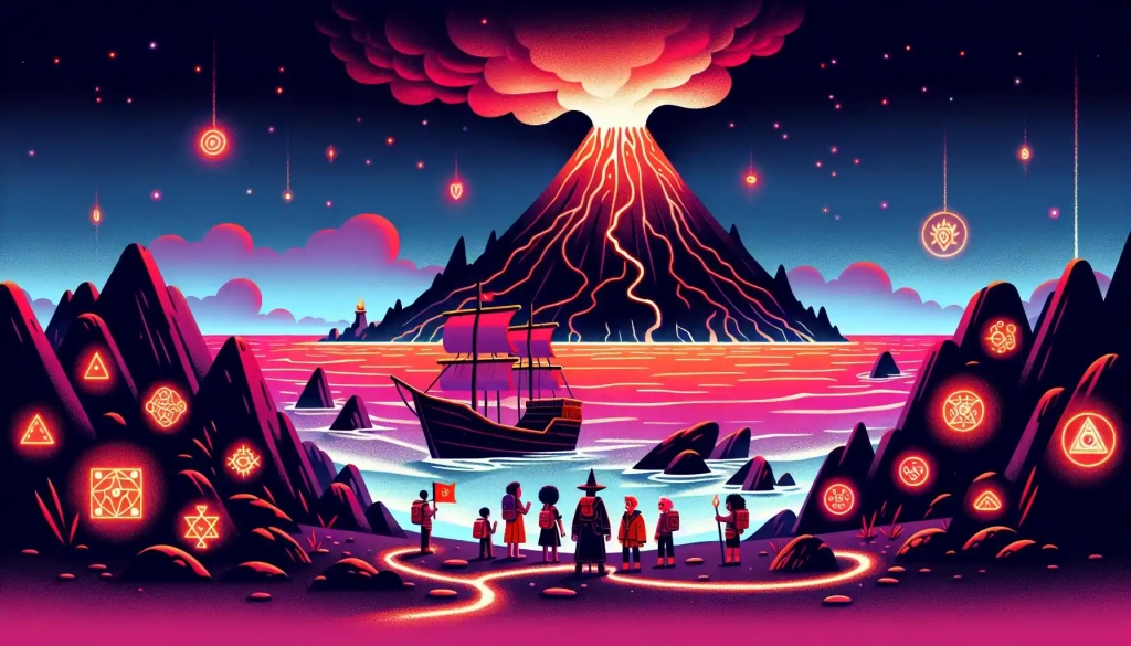 A colorful, cartoonish illustration of a volcanic island with a glowing volcano at its peak, smoke curling into the sky. A group of adventurers disembarks from a wooden ship onto a black sand beach, surrounded by glowing magical symbols etched into the rocks. The ocean shimmers with an eerie red light under a vibrant, whimsical sky, capturing the magical and mysterious atmosphere of the story.