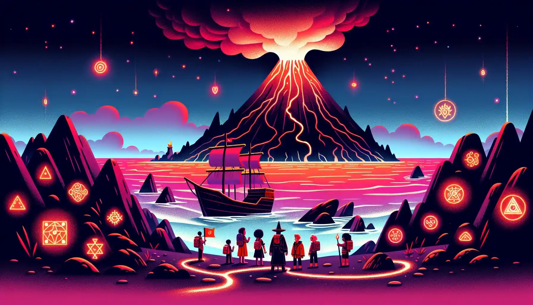 A colorful, cartoonish illustration of a volcanic island with a glowing volcano at its peak, smoke curling into the sky. A group of adventurers disembarks from a wooden ship onto a black sand beach, surrounded by glowing magical symbols etched into the rocks. The ocean shimmers with an eerie red light under a vibrant, whimsical sky, capturing the magical and mysterious atmosphere of the story.