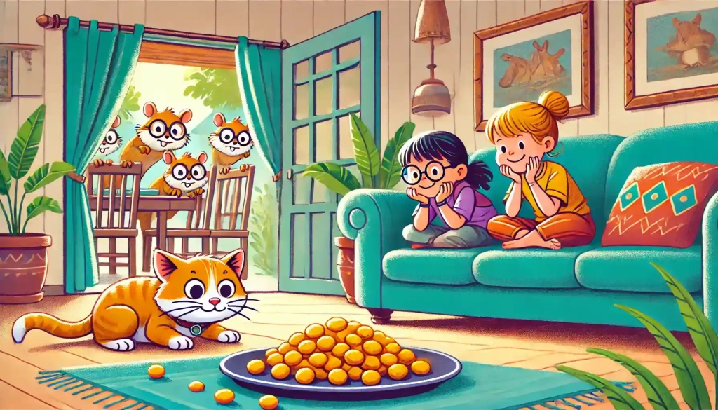 Two girls hide behind a couch while a cat sneaks toward a plate of cheese puffs, and squirrels peek through a window with cheeks full of snacks.