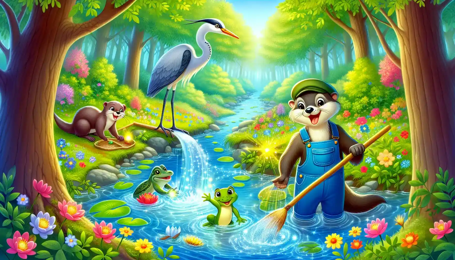 illustration of the cheerful otter, playful frog, and graceful heron working together to clear a sparkling river. The magical glowing fish watches over them, surrounded by lush trees and colorful flowers, creating a scene full of teamwork and wonder.